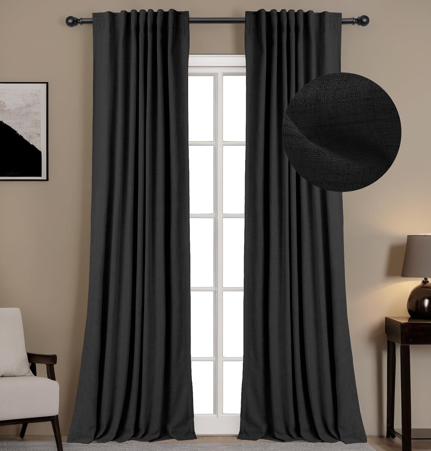 INOVADAY 100% Blackout Curtains 96 Inches Long 2 Panels Set, Thermal Insulated Linen Blackout Curtains for Bedroom, Back Tab/Rod Pocket Curtains & Drapes for Living Room - Beige, W50 X L96  INOVADAY 12 Black 50''W X 84''L 