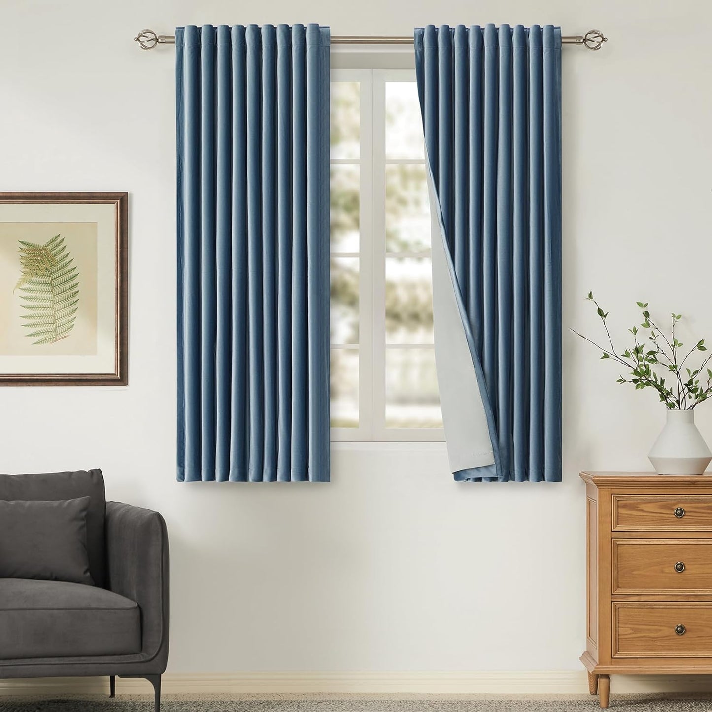 100% Blackout Ivory off White Velvet Curtains 108 Inch Long for Living Room,Set of 2 Panels Liner Rod Pocket Back Tab Thermal Window Drapes Room Darkening Heavy Decorative Curtains for Bedroom  PRIMROSE Stone Blue 52X63 Inches 