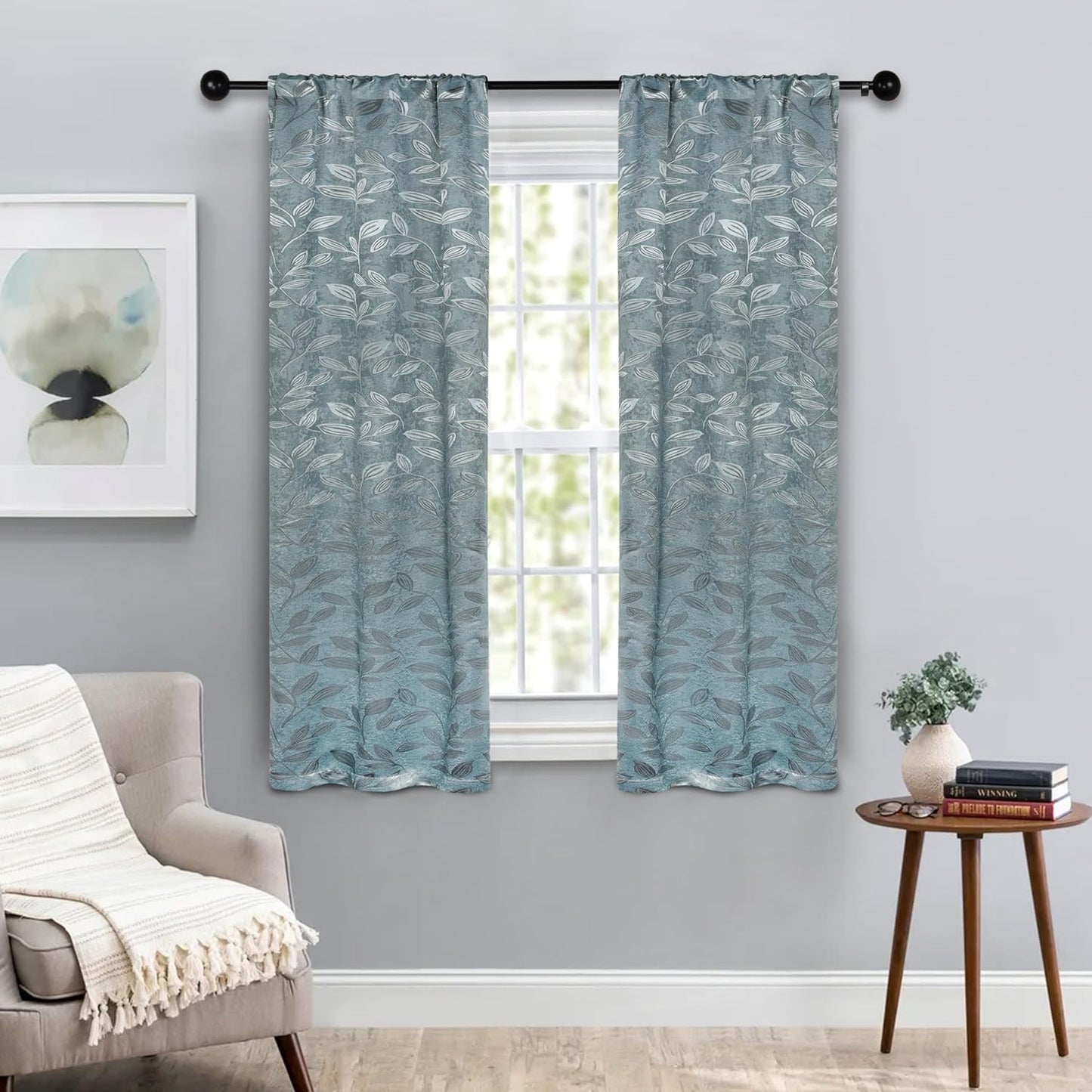 Superior Blackout Curtains, Room Darkening Window Accent for Bedroom, Sun Blocking, Thermal, Modern Bohemian Curtains, Leaves Collection, Set of 2 Panels, Rod Pocket - 52 in X 63 In, Nickel Black  Home City Inc. Green Lily 26 In X 63 In (W X L) 