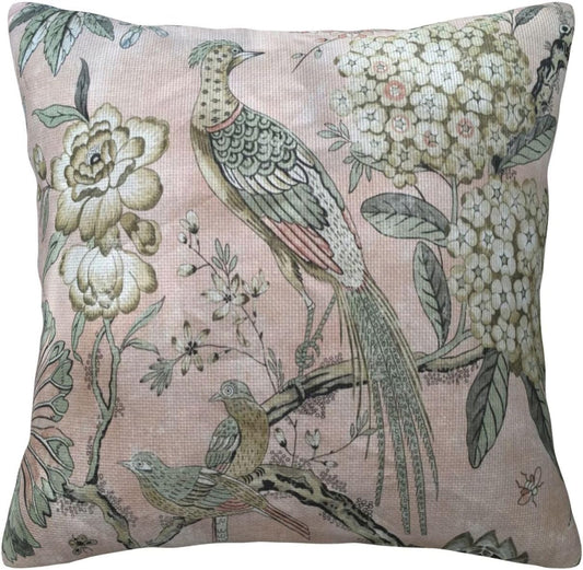Blush Cushion Cover Chinoiserie Pillow Animal Vintage Bird Flower Asian Throw Pillow Covers Double Side Farmhouse Accent Home Decorative Toss for Living Room Sofa White Linen 20X20 Inch