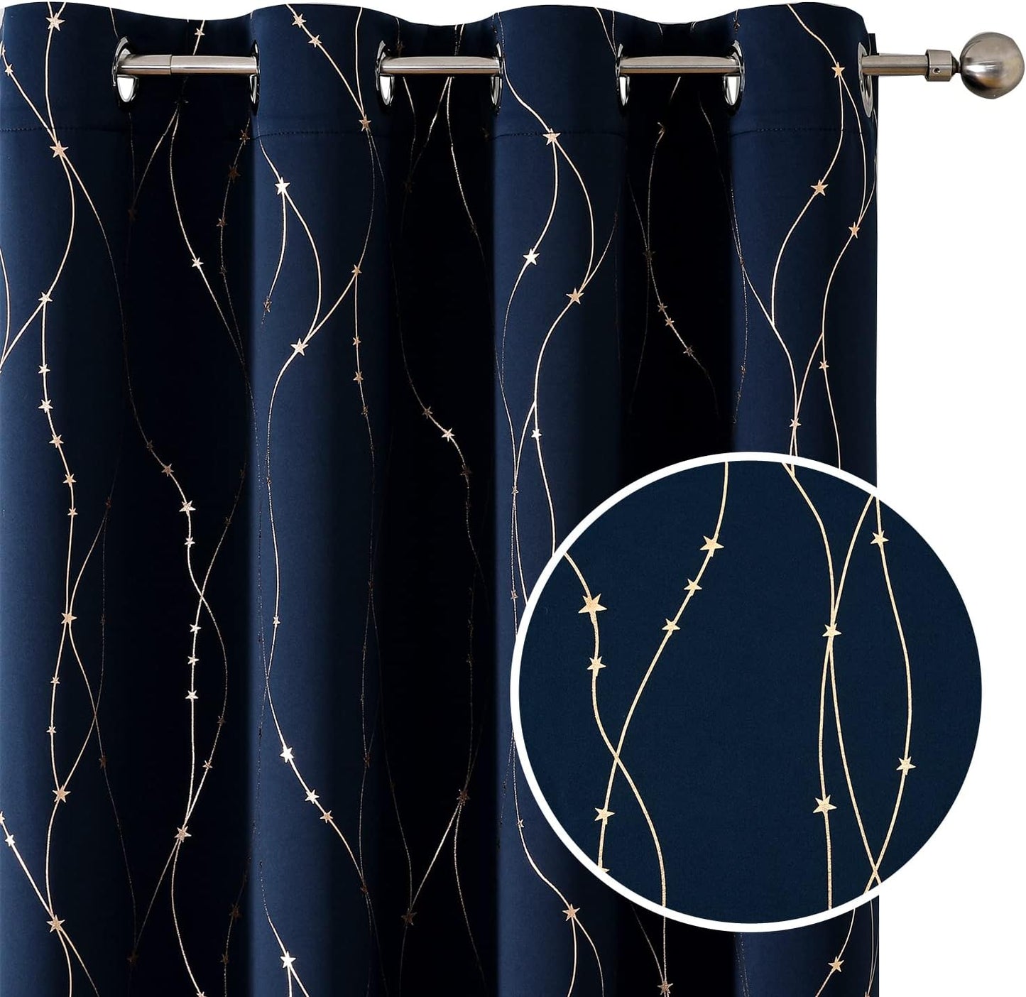 SMILE WEAVER Black Blackout Curtains for Bedroom 72 Inch Long 2 Panels,Room Darkening Curtain with Gold Print Design Noise Reducing Thermal Insulated Window Treatment Drapes for Living Room  SMILE WEAVER Navy Blue Gold 52Wx63L 