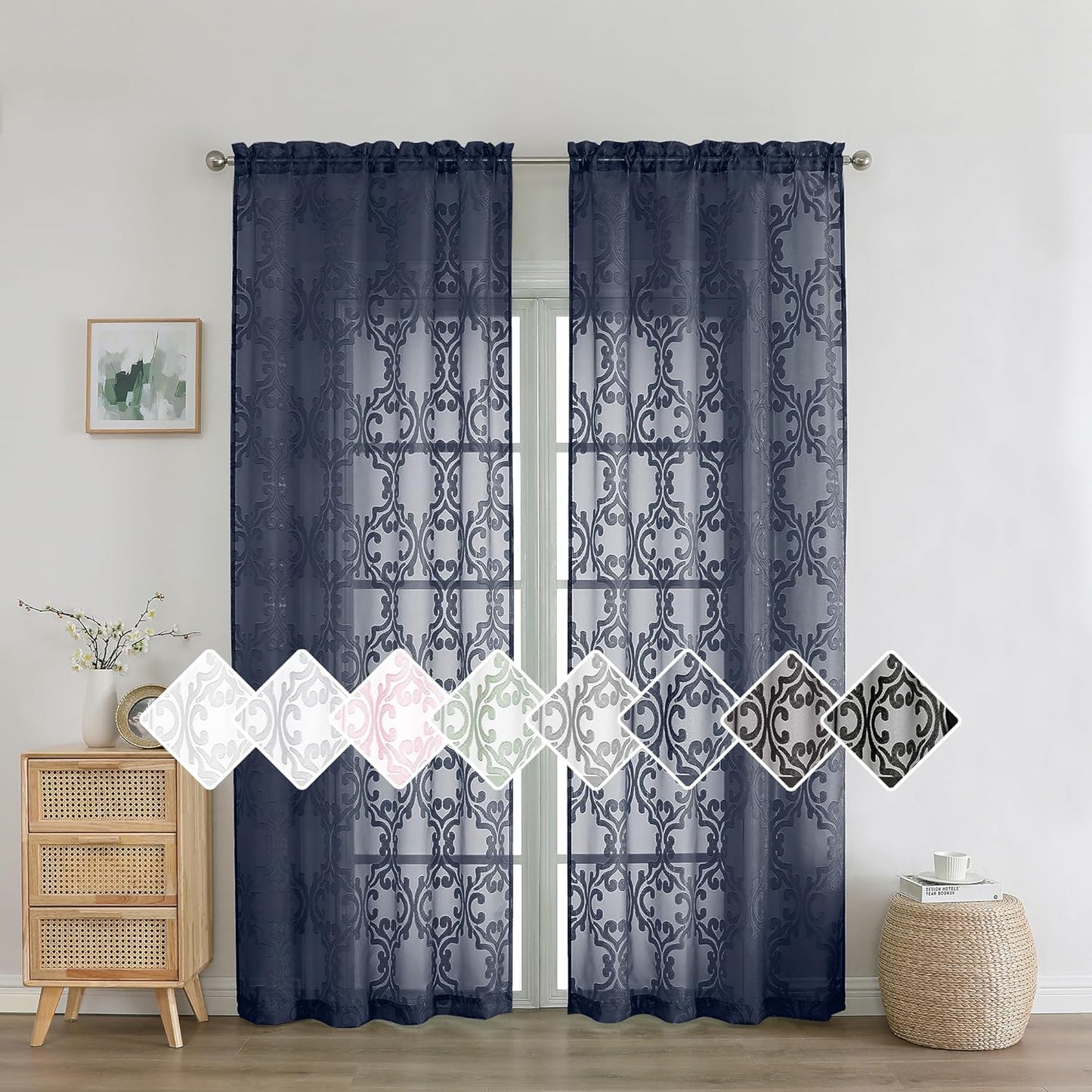Aiyufeng Suri 2 Panels Sheer Sage Green Curtains 63 Inches Long, Light & Airy Privacy Textured Sheer Drapes, Dual Rod Pocket Voile Clipped Floral Luxury Panels for Bedroom Living Room, 42 X 63 Inch  Aiyufeng Navy Blue 2X42X84" 
