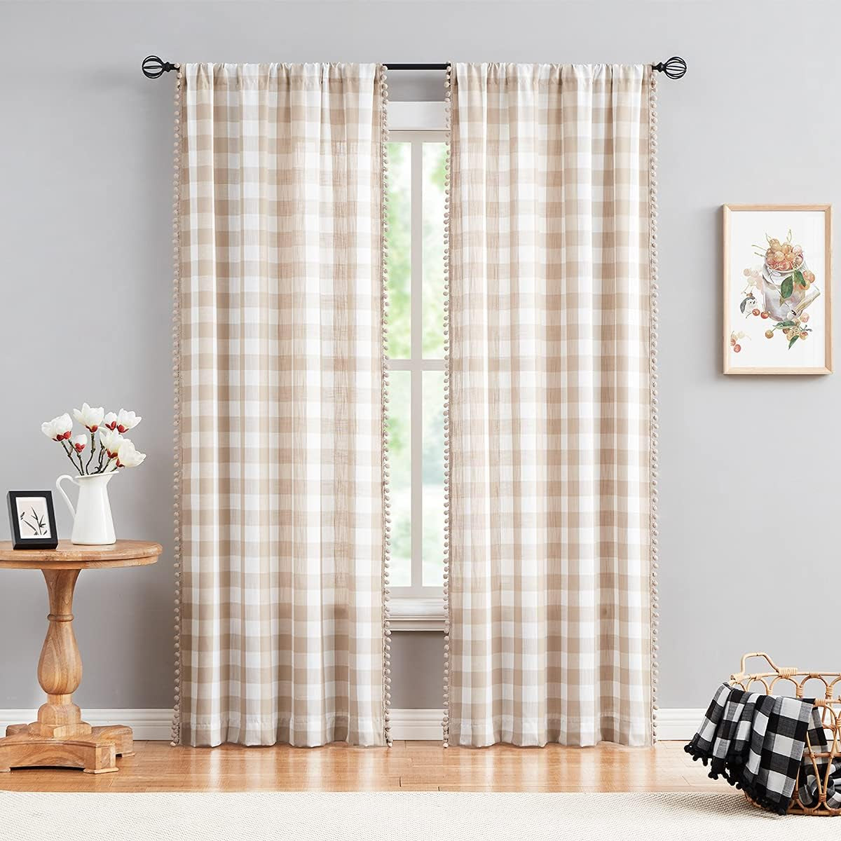 Treatmentex Buffalo Check Curtains 84Inch Farmhouse Pom Pom Drapes for Living Room Vintage Gingham Plaid Semi Sheer Tan Window Curtains for Bedroom Kitchen 2 Panels Rod Pocket Taupe and White  Natural Decoratex   