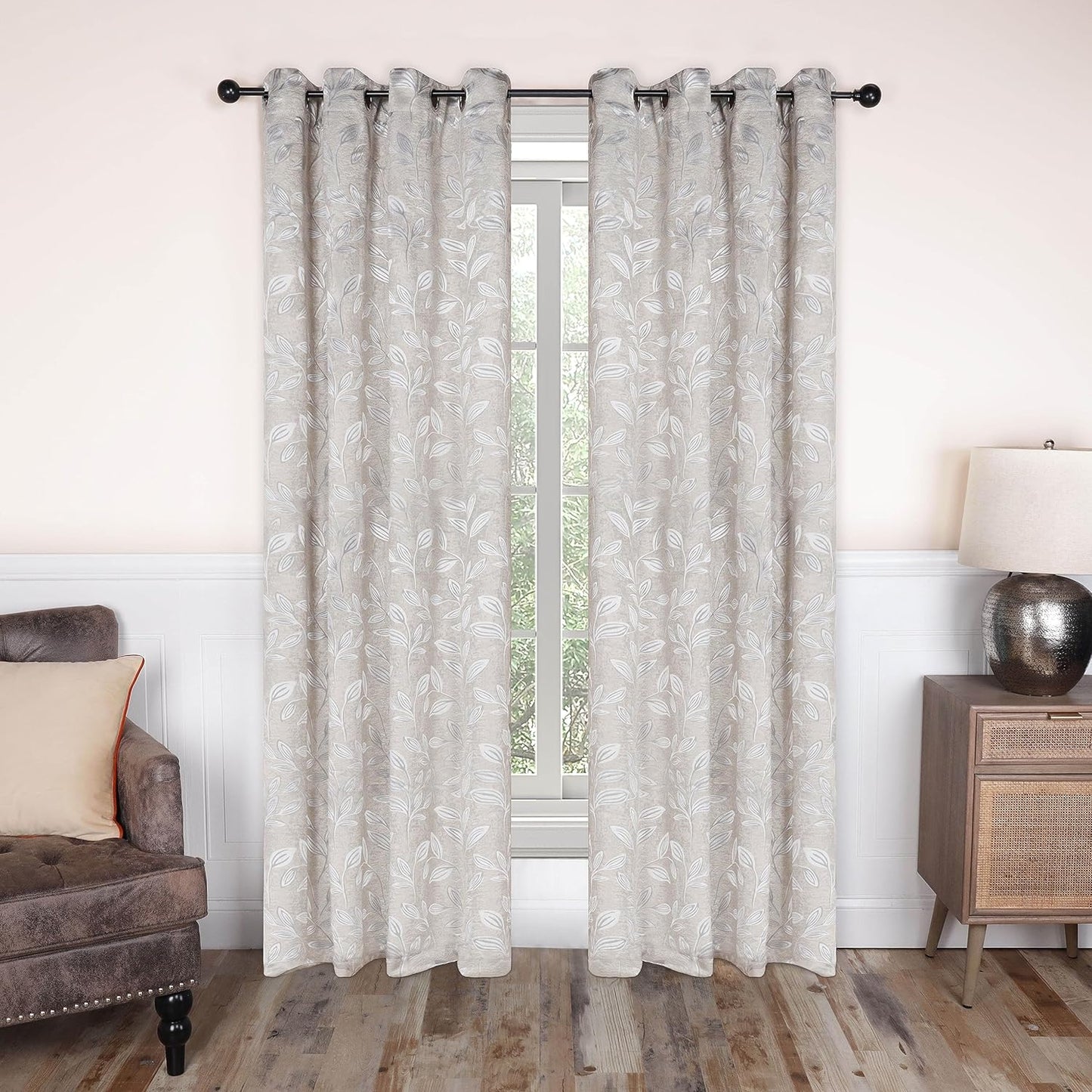 Superior Blackout Curtains, Room Darkening Window Accent for Bedroom, Sun Blocking, Thermal, Modern Bohemian Curtains, Leaves Collection, Set of 2 Panels, Rod Pocket - 52 in X 63 In, Nickel Black  Home City Inc. Ivory 52 In X 108 In (W X L) 