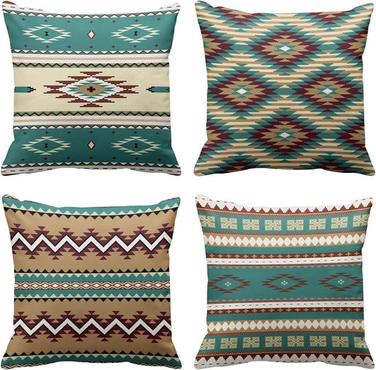 Emvency Set of 4 Brown Turquoise South Western Ethnic Throw Pillow Covers Tribal Native Seamless Pattern Decorative Pillow Cases Home Decor Standard Square 18X18 Inches Pillowcases