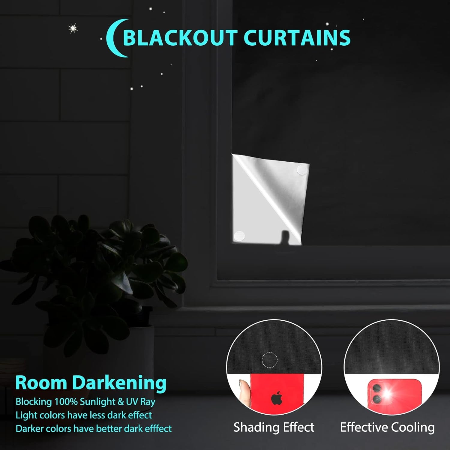 Blackout Curtains, Portable Window Curtain Shade 100% Black Out Room Darkening Light Blocking Drapes for Bedroom Living Room - 118" X 57", Black & Silver  BCJJ   