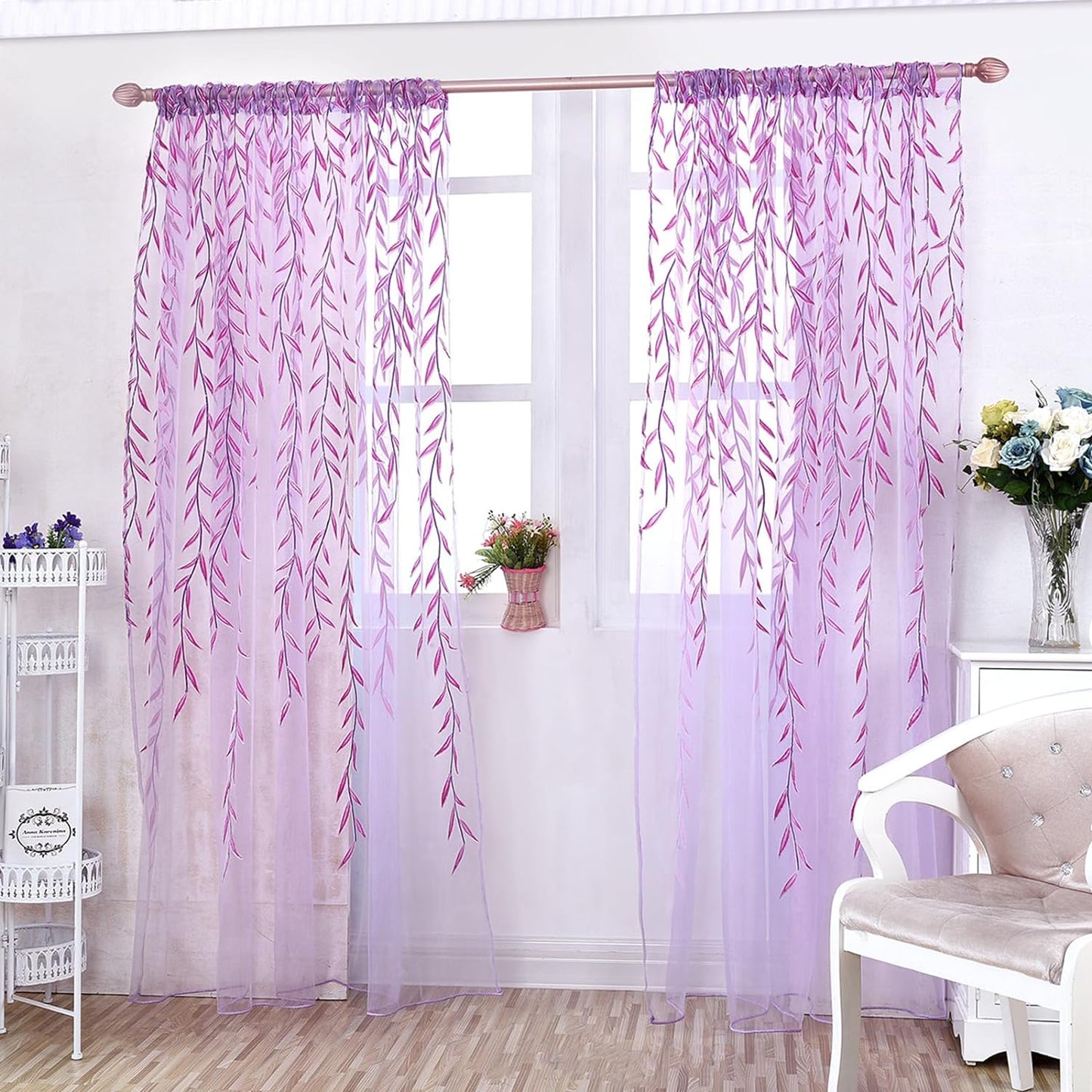 Ufurty Rely2016 Sunflower Window Curtain, 2PCS Sun Flower Floral Voile Sheer Curtain Panels Tulle Room Salix Leaf Sheer Gauze Curtain for Living Room, Bedroom, Balcony - Rod Pocket Top (100 X 200)  Rely2016 Purple Leaf 100*200Cm 