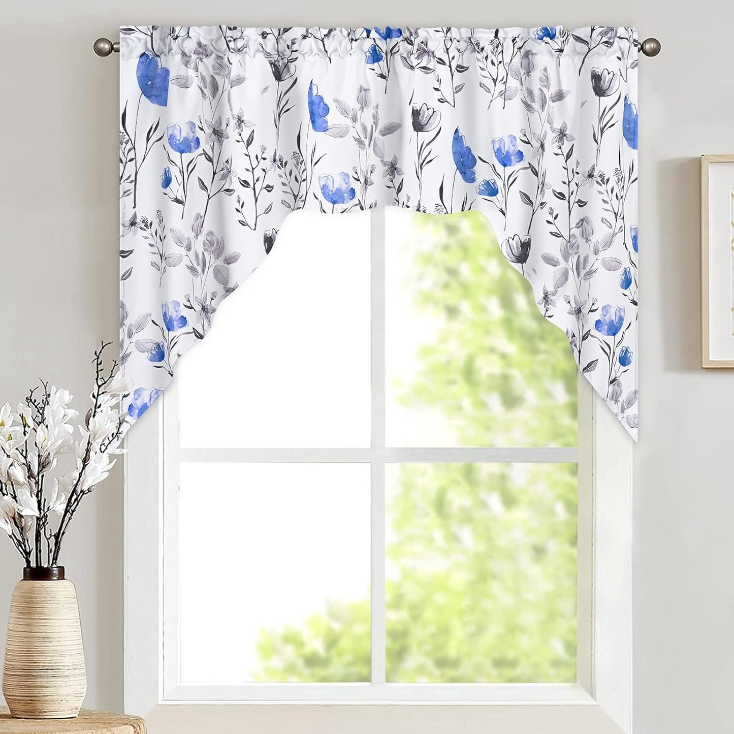 Likiyol Floral Kithchen Curtains 36 Inch Watercolor Flower Leaves Tier Curtains, Yellow and Gray Floral Cafe Curtains, Rod Pocket Small Window Curtain for Cafe Bathroom Bedroom Drapes  Likiyol Blue 36"L X 60"W 