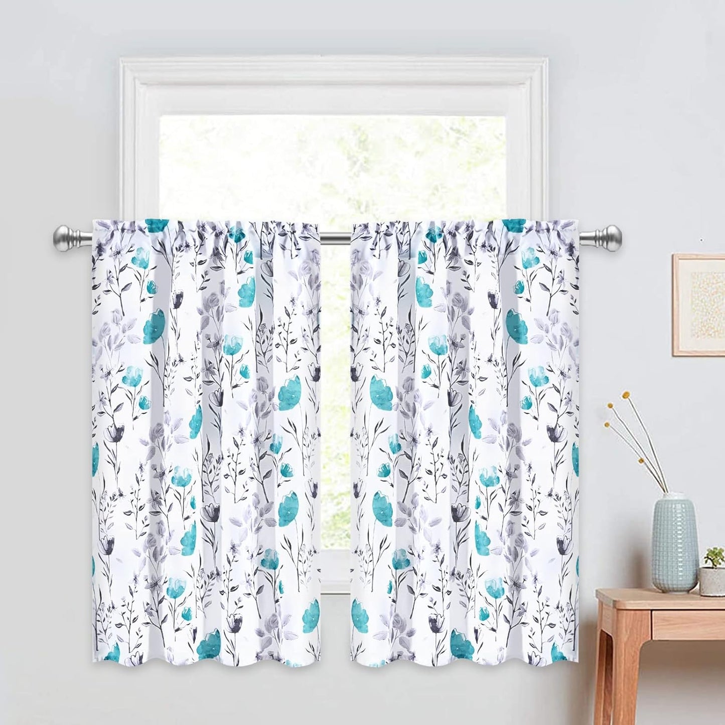 Likiyol Floral Kithchen Curtains 36 Inch Watercolor Flower Leaves Tier Curtains, Yellow and Gray Floral Cafe Curtains, Rod Pocket Small Window Curtain for Cafe Bathroom Bedroom Drapes  Likiyol Teal 36"L X 26"W 