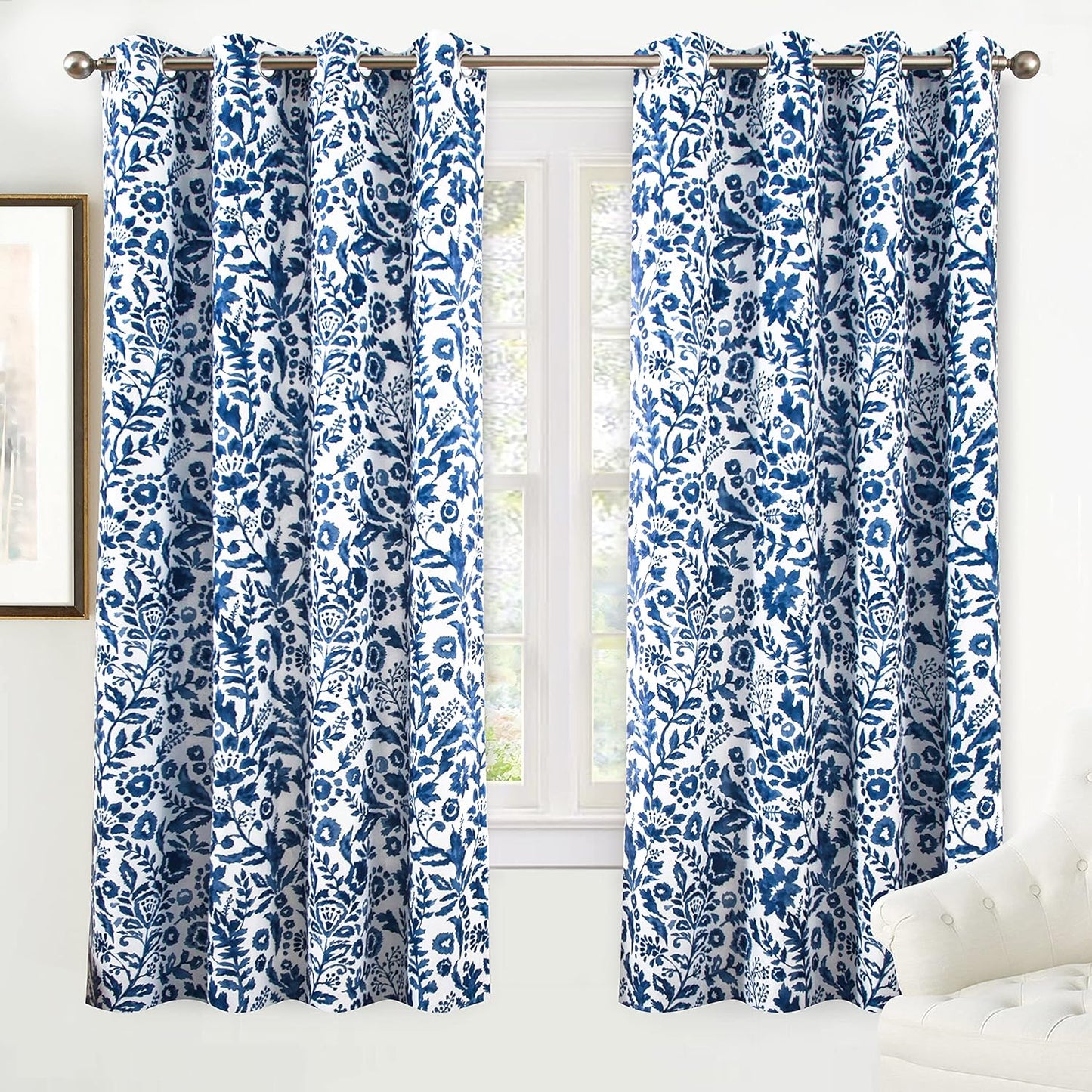 Driftaway Julia Watercolor Blackout Room Darkening Grommet Lined Thermal Insulated Energy Saving Window Curtains 2 Layers 2 Panels Each Size 52 Inch by 84 Inch Navy  DriftAway Navy 52'' X 72'' 