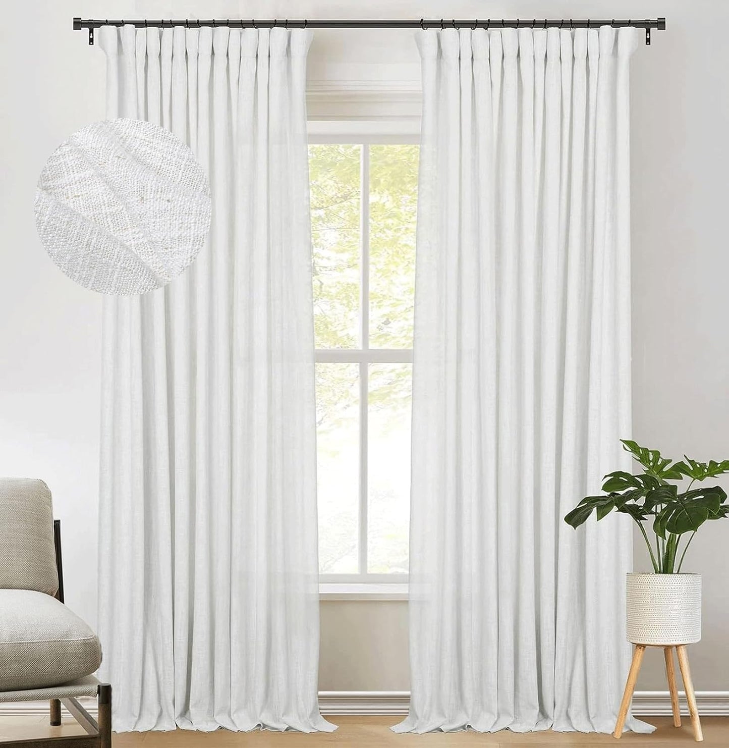 Zeerobee Beige White Linen Curtains for Living Room/Bedroom Linen Curtains 96 Inches Long 2 Panels Linen Drapes Farmhouse Pinch Pleated Curtains Light Filtering Privacy Curtains, W50 X L96  zeerobee 02 White 50"W X 90"L 