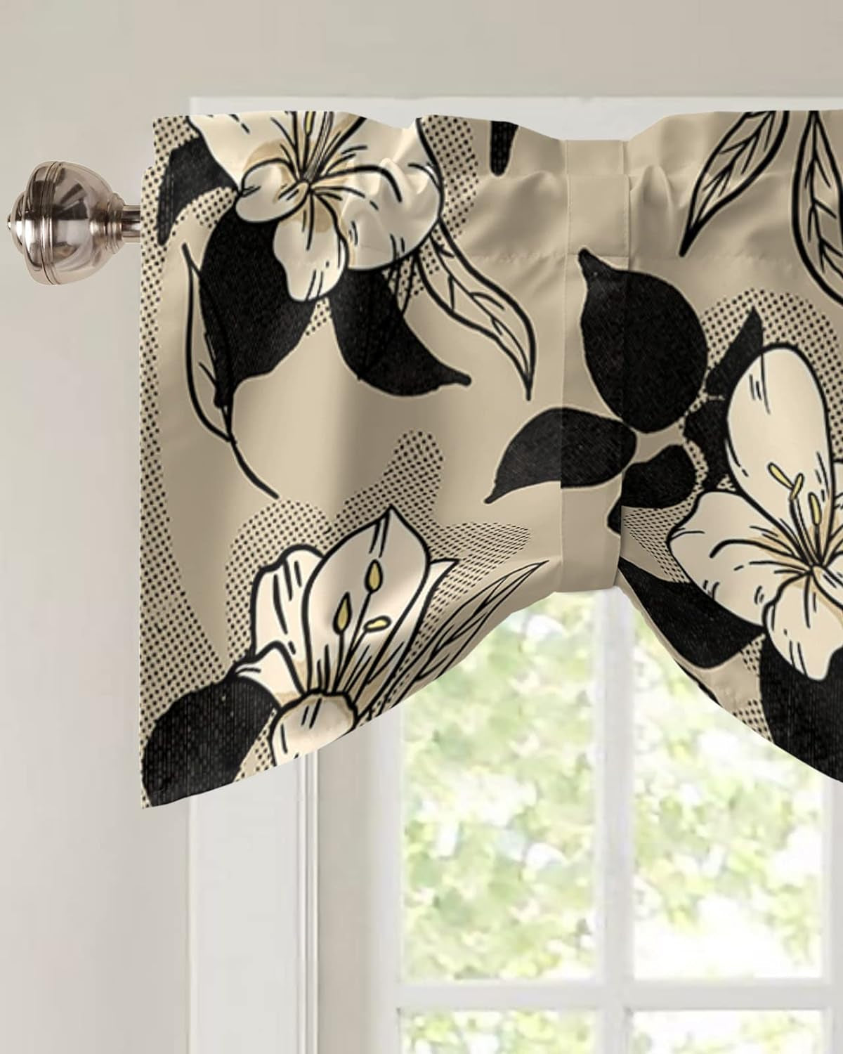 Black Beige Flower Tie up Valance Curtains for Windows, Kitchen Curtains Window Treatments, Rustic Retro Beige Leaves Botanical Short Window Shades Valances for Bedroom Bathroom Cafe 54"X18"