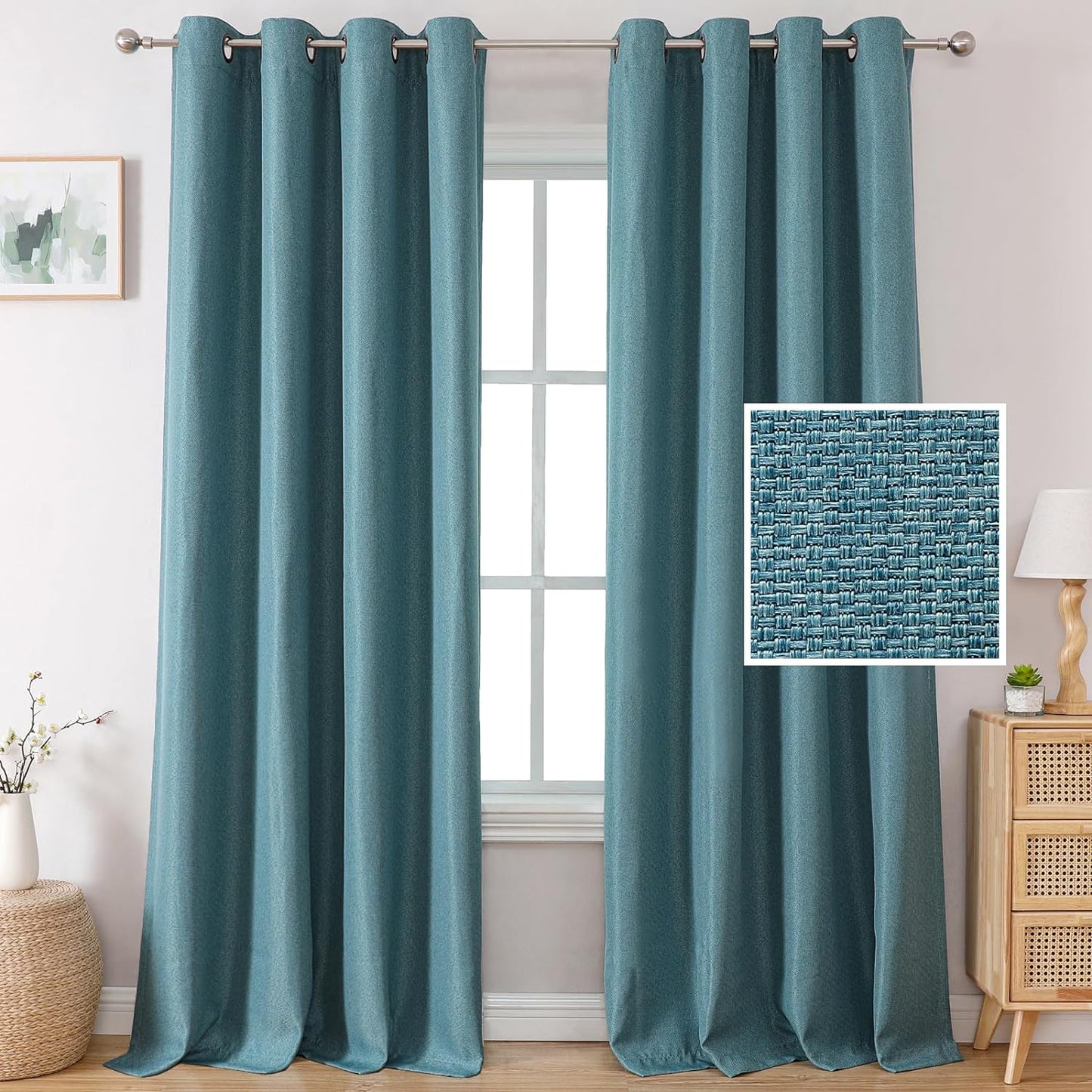 H.VERSAILTEX Linen Blackout Curtains 84 Inches Long Thermal Insulated Room Darkening Linen Curtains for Bedroom Textured Burlap Grommet Window Curtains for Living Room, Bluestone and Taupe, 2 Panels  H.VERSAILTEX Aegean Blue 52"W X 96"L 
