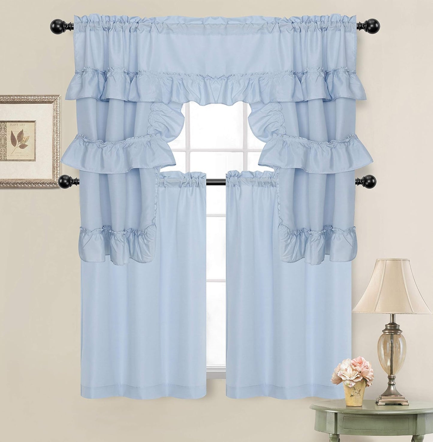 Goodgram Country Farmhouse Living Solid Colored Cafe Kitchen Curtain Tier & Swag Valance Set - Assorted Colors (White)  GoodGram Blue  