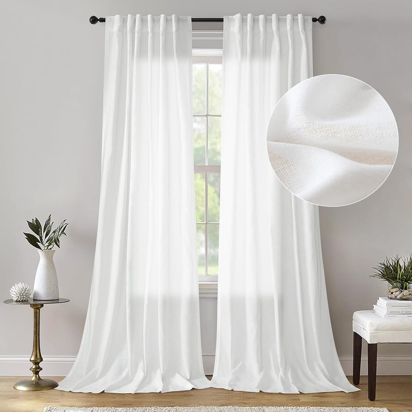 Dreaming Casa 102 Inch Long Curtains Semi Sheer Linen Curtain for Living Room Bedroom 2 Panels Pocket Floor Length Drapes with Back Tab, Natural, W52 X L102  Dreaming Casa White 2 X ( 52" W X 102 "L ) 