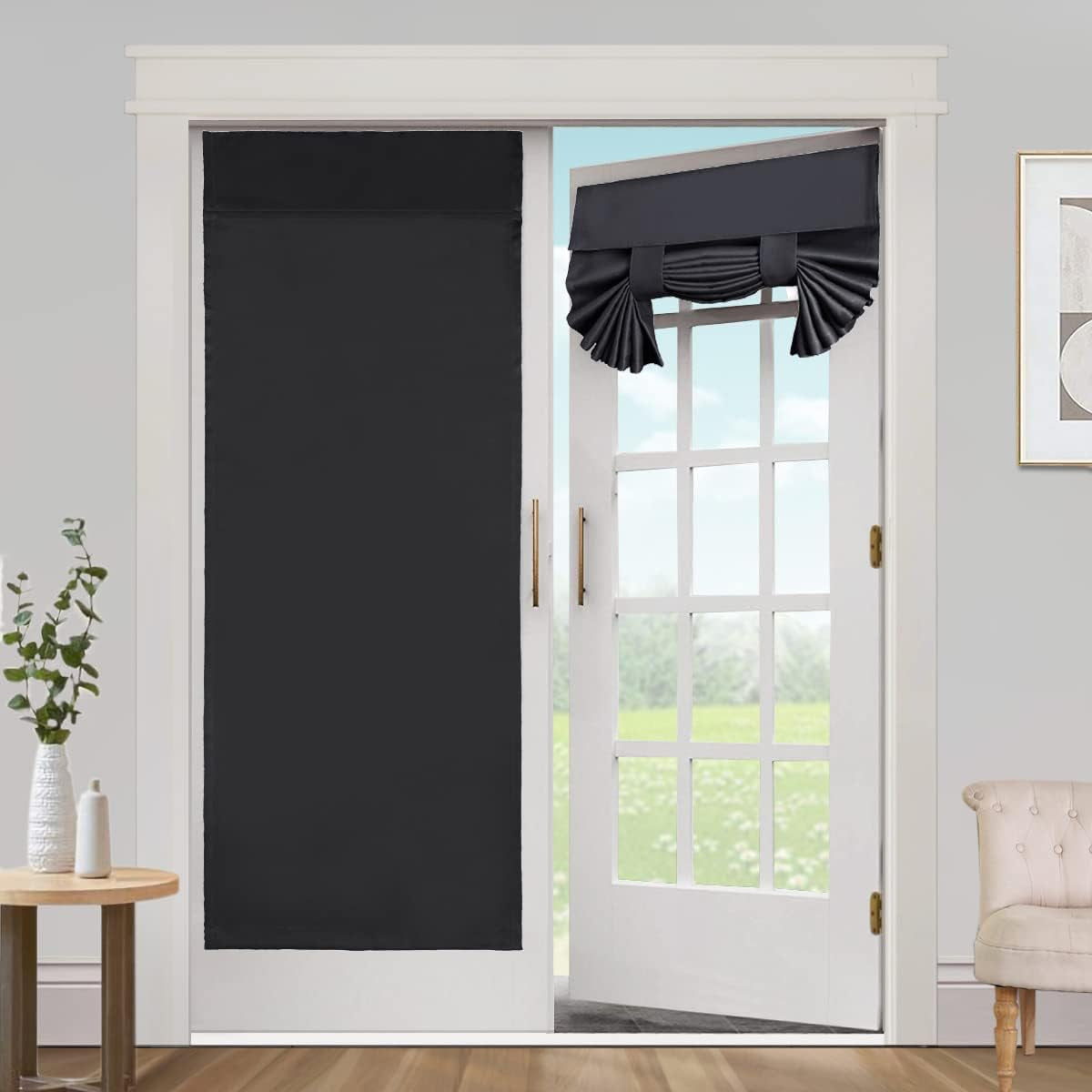 Blackout Curtains for French Doors - Thermal Insulated Tricia Door Window Curtain for Patio Door, Self Stick Tie up Shade Energy Efficient Double Door Blind, 26 X 68 Inches, 1 Panel, Sage  L.VICTEX Black 2 