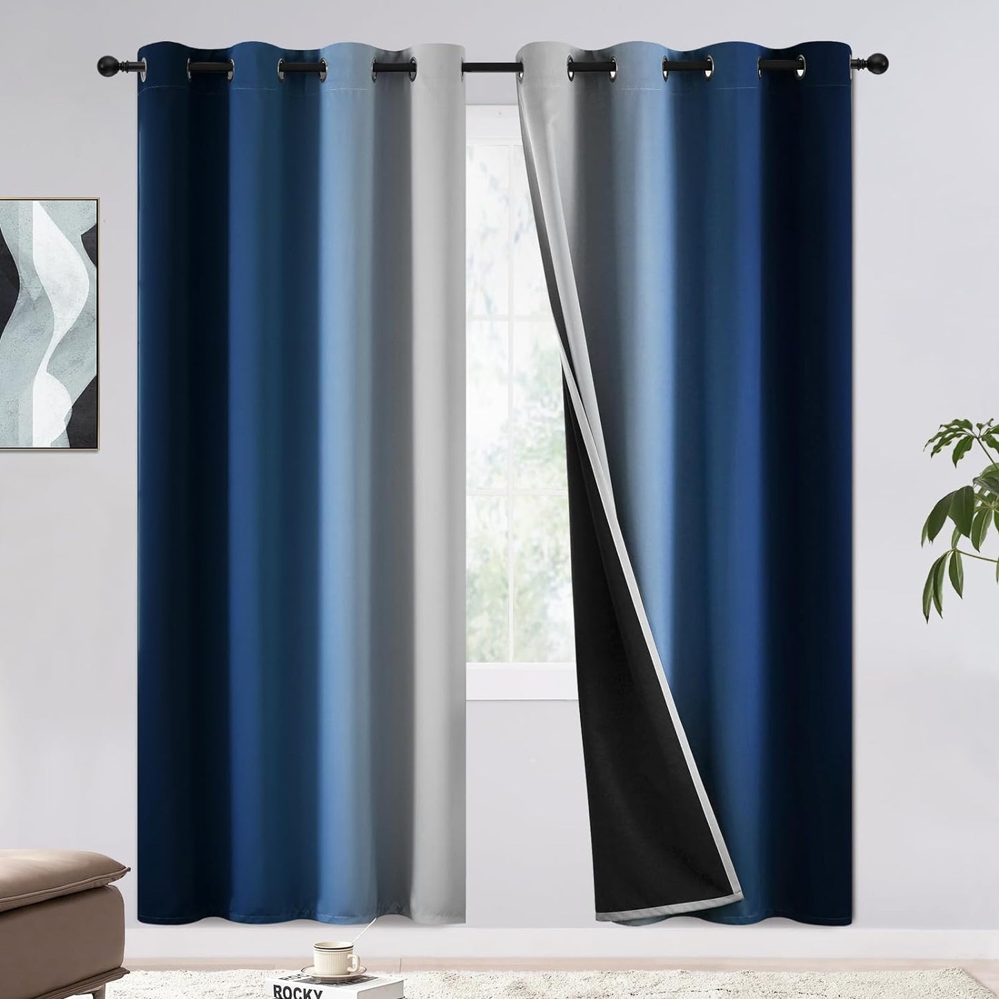 COSVIYA 100% Blackout Curtains & Drapes Ombre Purple Curtains 63 Inch Length 2 Panels,Full Room Darkening Grommet Gradient Insulated Thermal Window Curtains for Bedroom/Living Room,52X63 Inches  COSVIYA Blue To Greyish White 52W X 72L 