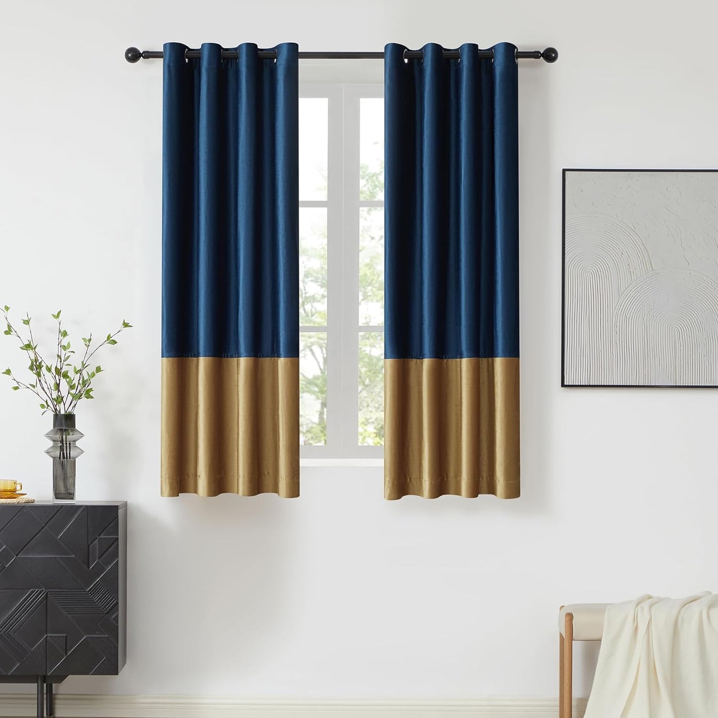 BULBUL Color Block Window Curtains Panels 84 Inches Long Cream Ivory Gold Velvet Farmhouse Drapes for Bedroom Living Room Darkening Treatment with Grommet Set of 2  BULBUL Navy Blue  Gold 52"W X 63"L 