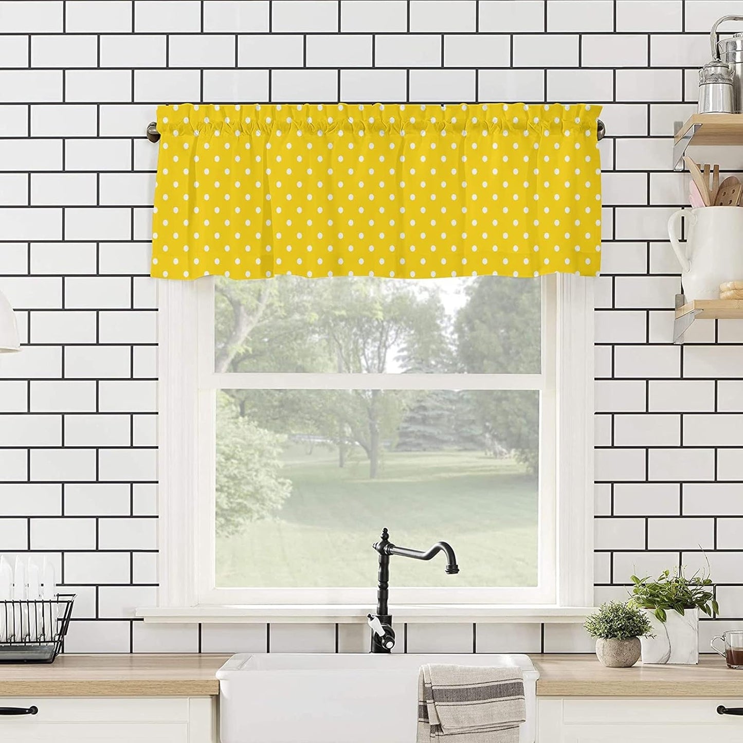 Curtain Valance, White Polka Dot Yellow Rod Pocket Valance Short Window Treatment Decor Curtains for Kitchen Bathroom Bedroom,1 Panel 54" X 18"