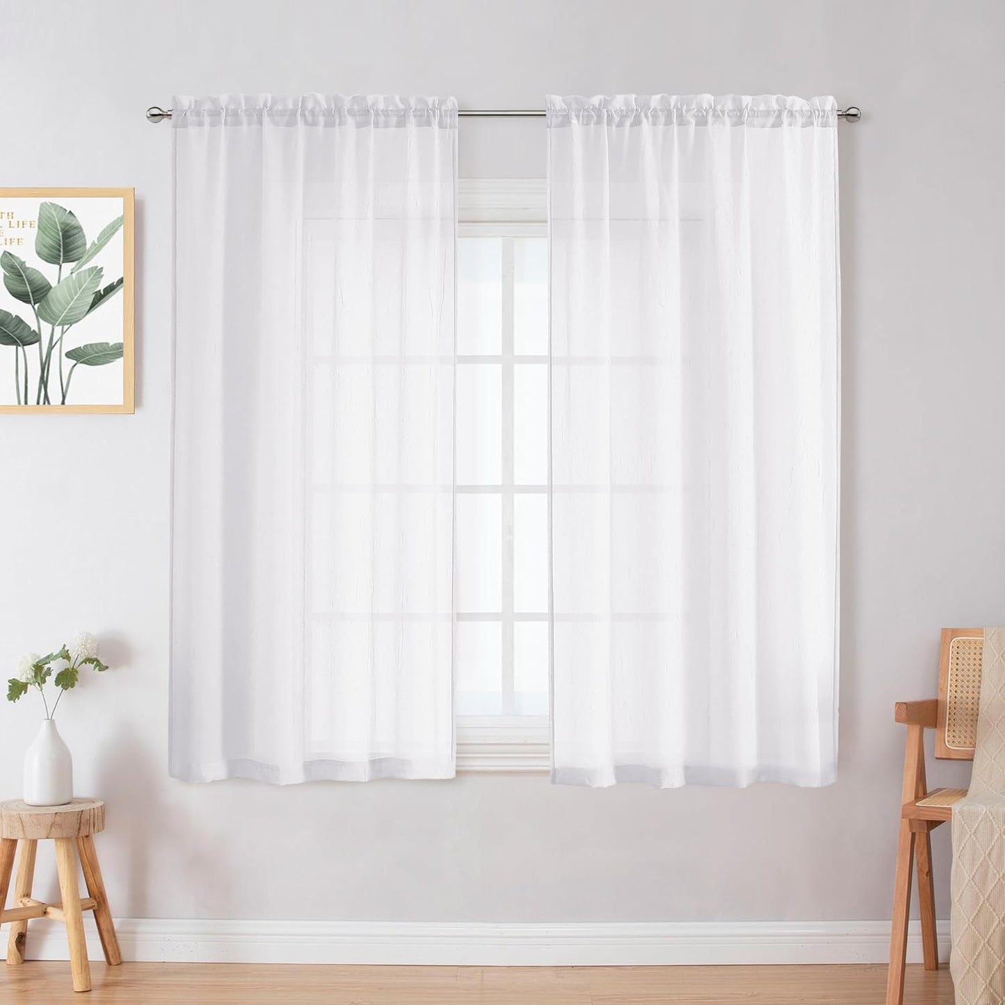 Chyhomenyc Crushed White Sheer Valances for Window 14 Inch Length 2 PCS, Crinkle Voile Short Kitchen Curtains with Dual Rod Pockets，Gauzy Bedroom Curtain Valance，Each 42Wx14L Inches  Chyhomenyc White 28 W X 54 L 