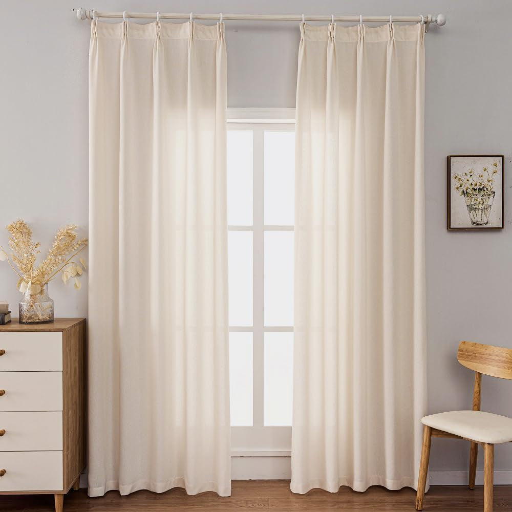 Ftinala Drapes 108 Inches Long 2 Panels Sheer Linen Curtains Pinch Pleat Curtain Hooks Floor to Ceiling Curtains 108 Inch Tan Extra Long Curtains Pleated Light Filtering Curtains Cream Beige  Ftinala   