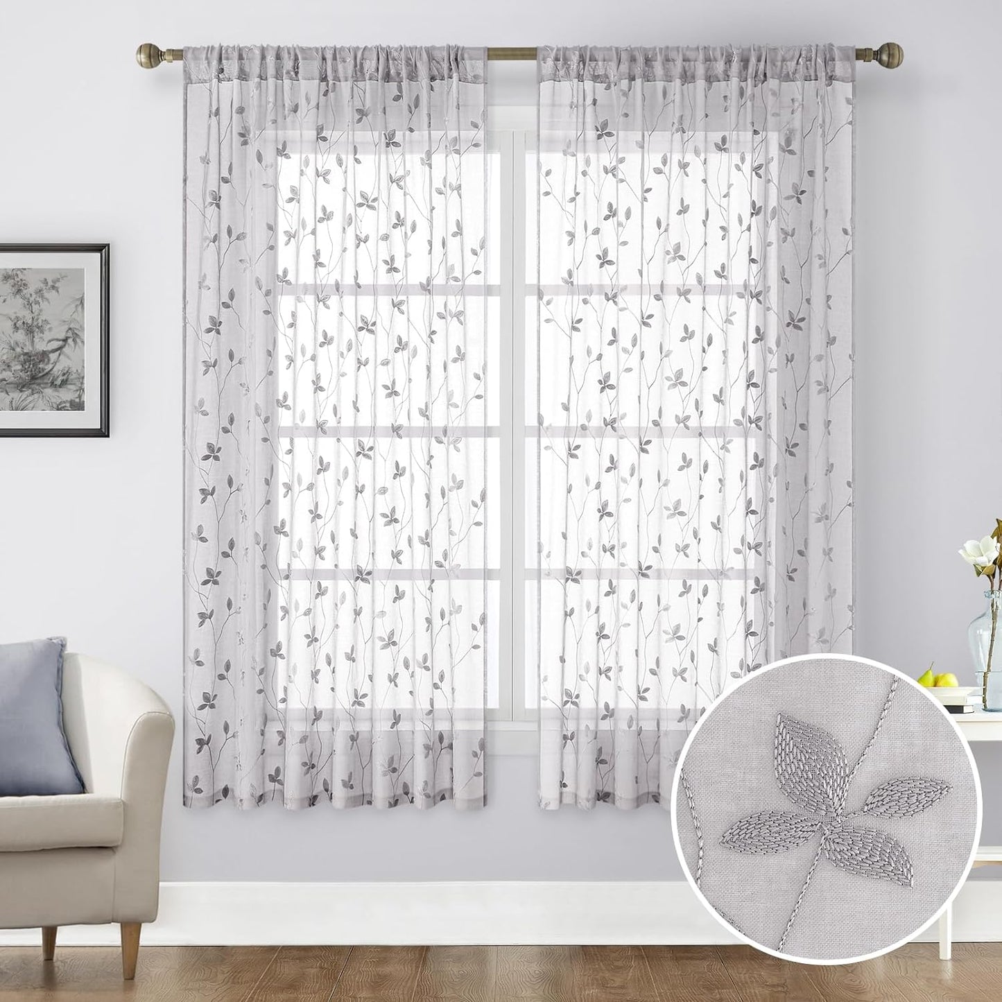HOMEIDEAS Sage Green Sheer Curtains 52 X 63 Inches Length 2 Panels Embroidered Leaf Pattern Pocket Faux Linen Floral Semi Sheer Voile Window Curtains/Drapes for Bedroom Living Room  HOMEIDEAS Vine Light Grey W52" X L63" 