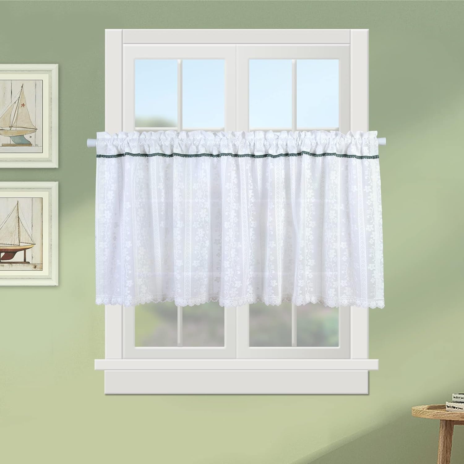 Elegant Floral Design Lace Valance Sheer for Windows 78X16Inch. White Embroidered Curtain for Kitchen Door Cafe Dinning Bath Room 1 Pcs