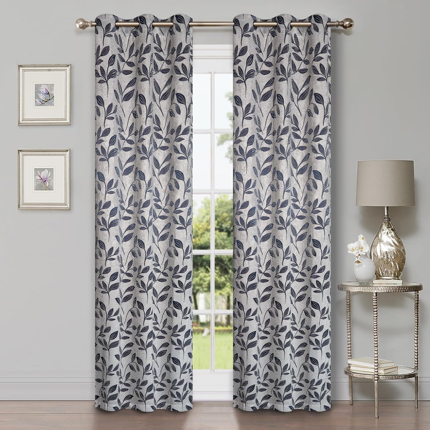 Superior Blackout Curtains, Room Darkening Window Accent for Bedroom, Sun Blocking, Thermal, Modern Bohemian Curtains, Leaves Collection, Set of 2 Panels, Rod Pocket - 52 in X 63 In, Nickel Black  Home City Inc. White-Navy Blue 42 In X 84 In (W X L) 
