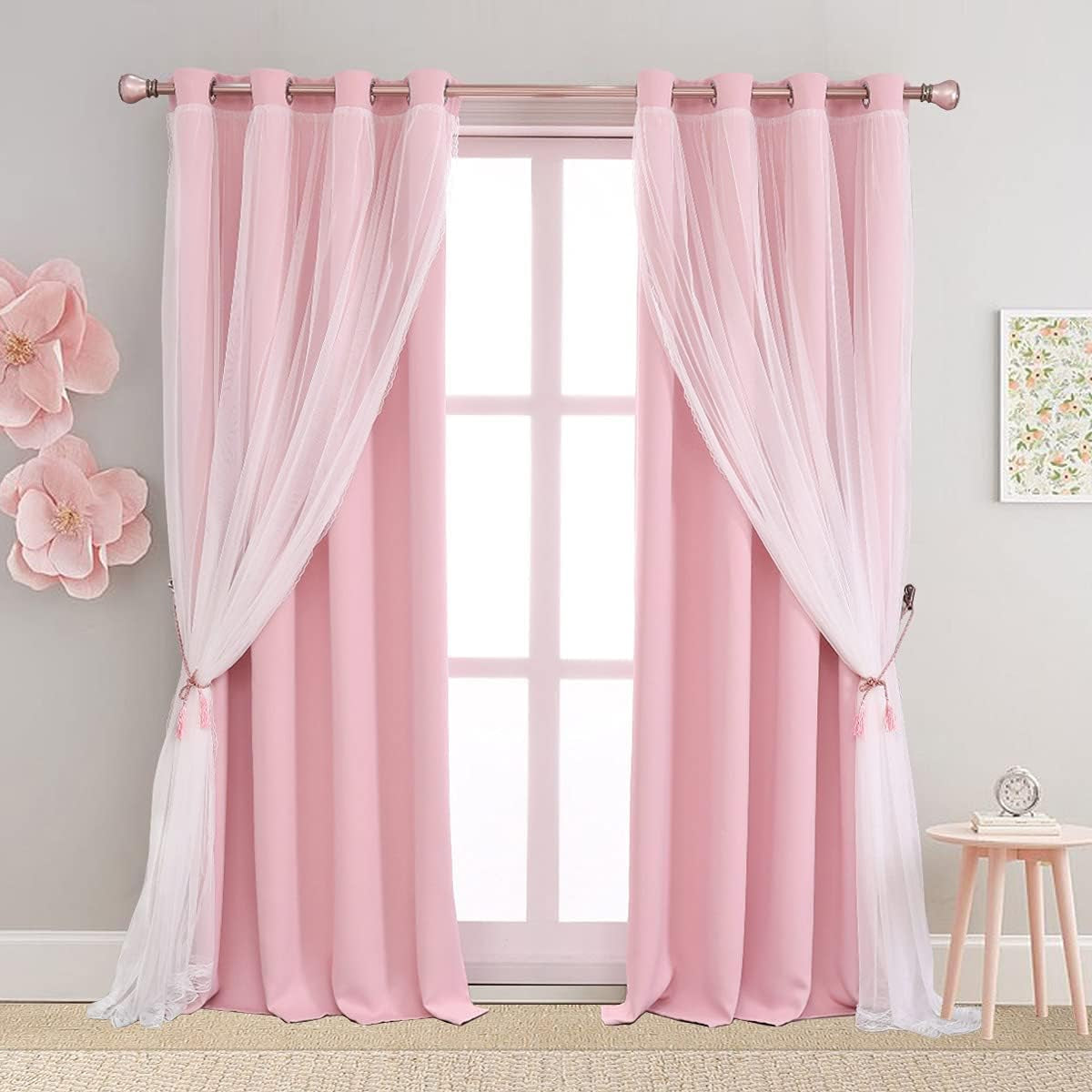 Pink Blackout Curtains 84 Inch Length - Double Layers Princess Girls Curtains & Draperies Panels for Kids Bedroom Living Room Nursery Pink Lace Hem Room Darkening Curtains, 2 Pcs  SOFJAGETQ Pink 52 X 90 