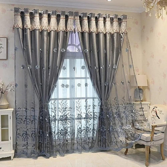 Amidoudou 1 Pair European Double Layer Curtains for Living Room Bedroom Luxury Flower Embroidered Curtains with Valance (Grey,54X84 Inch)