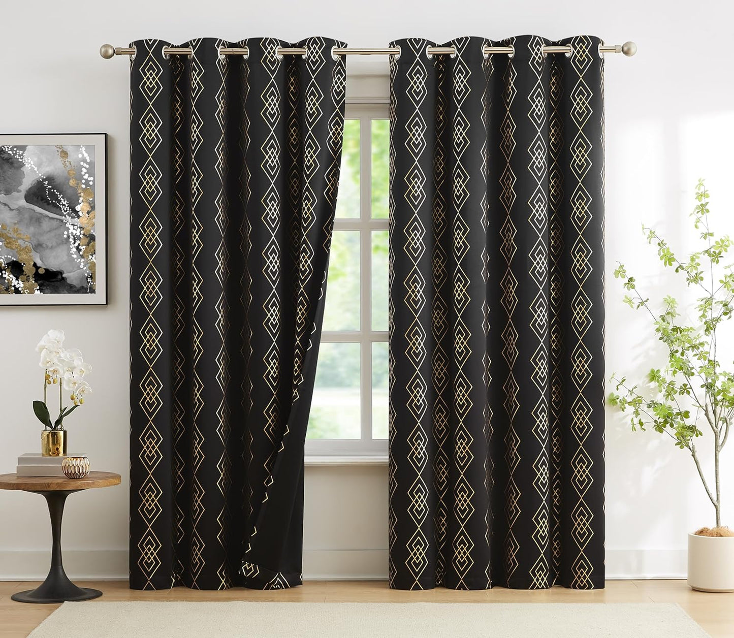 Metallic Geo Blackout Curtain Panels for Bedroom Thermal Insulated Light Blocking Foil Trellis Moroccan Window Treatments Diamond Grommet Drapes for Living-Room, Set of 2, 50" X 84", Beige/Gold  ugoutry Geometric Black 50"X84"X2 