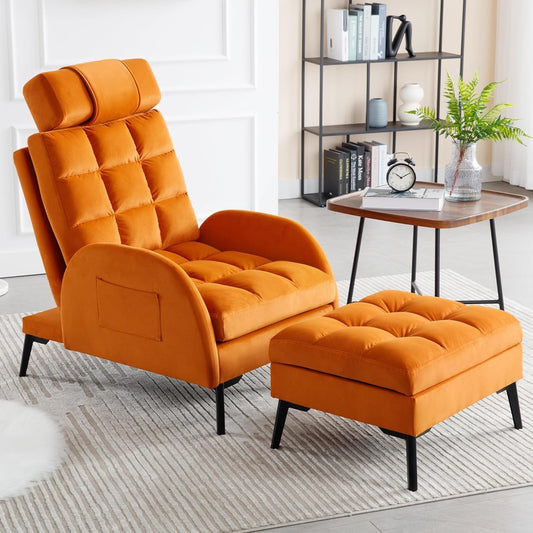 Accent Chair with Ottoman - Orange Reclining Reading Chair and Storage Ottoman Set Velvet Comfy Lounge Arm Chair with Adjustable Backrest Cozy Sofa for Living Room Bedroom