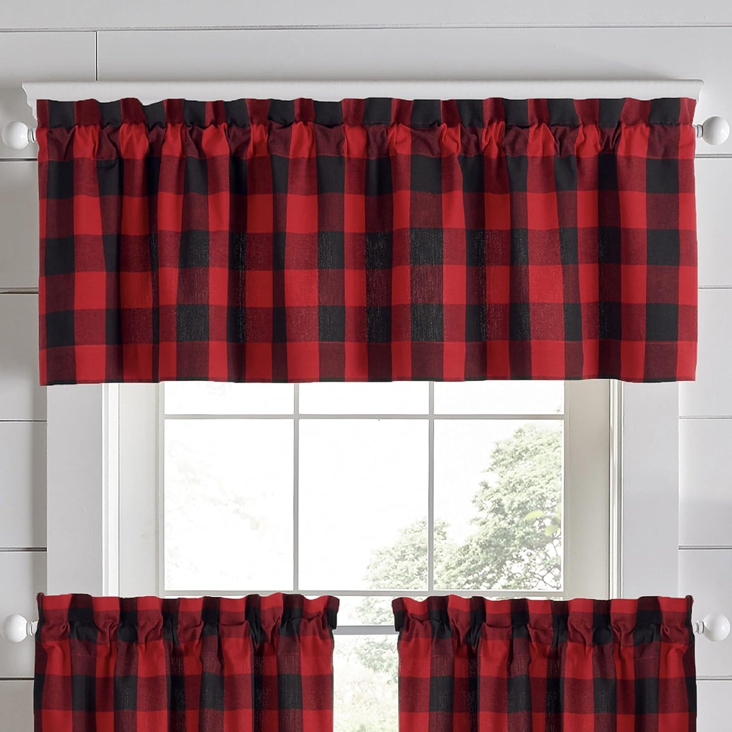 Elrene Home Fashions Farmhouse Living Buffalo-Check Window Curtain Panel, (Black), (52X95)  Elrene Home Fashions Red/Black 15.00" X 60.00" (1 Valance) 