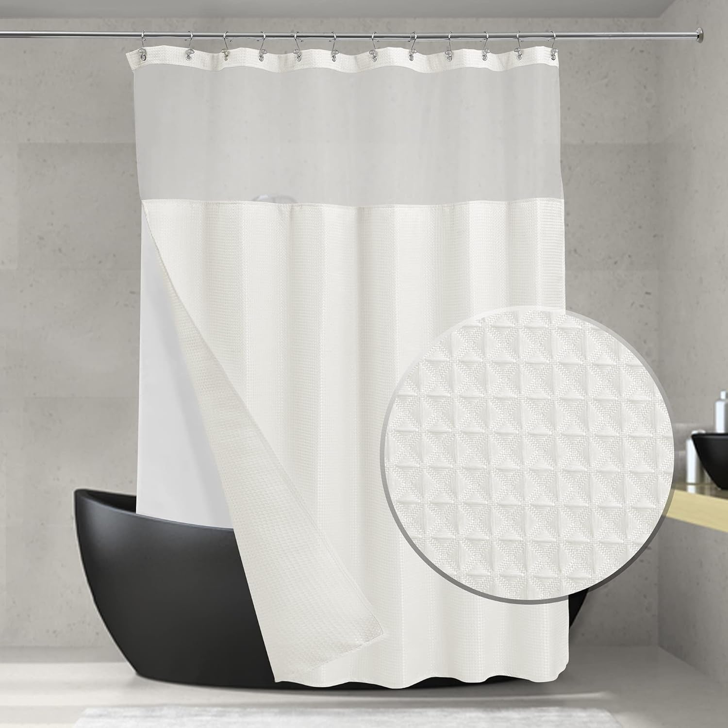 ALYVIA SPRING Waffle Weave Shower Curtain with Snap-In Fabric Liner & Hooks Set: Hotel Style & Top Sheer Window, Double Layers & Machine Washable for Easy Clean, 71X72, White