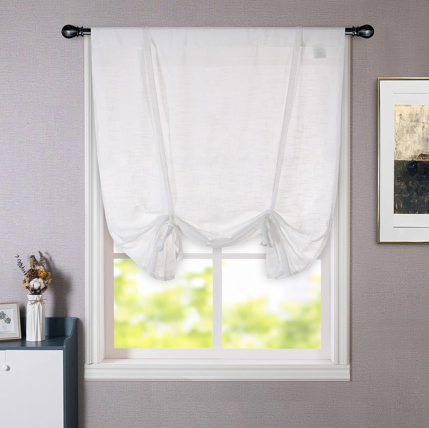 Driftaway Solid Color Linen Sheer Voile Tie up Decorative Slub Sheer Linen Curtains Adjustable Balloon Rod Pocket Window Curtains for Small Window 25 Inch by 47 Inch White