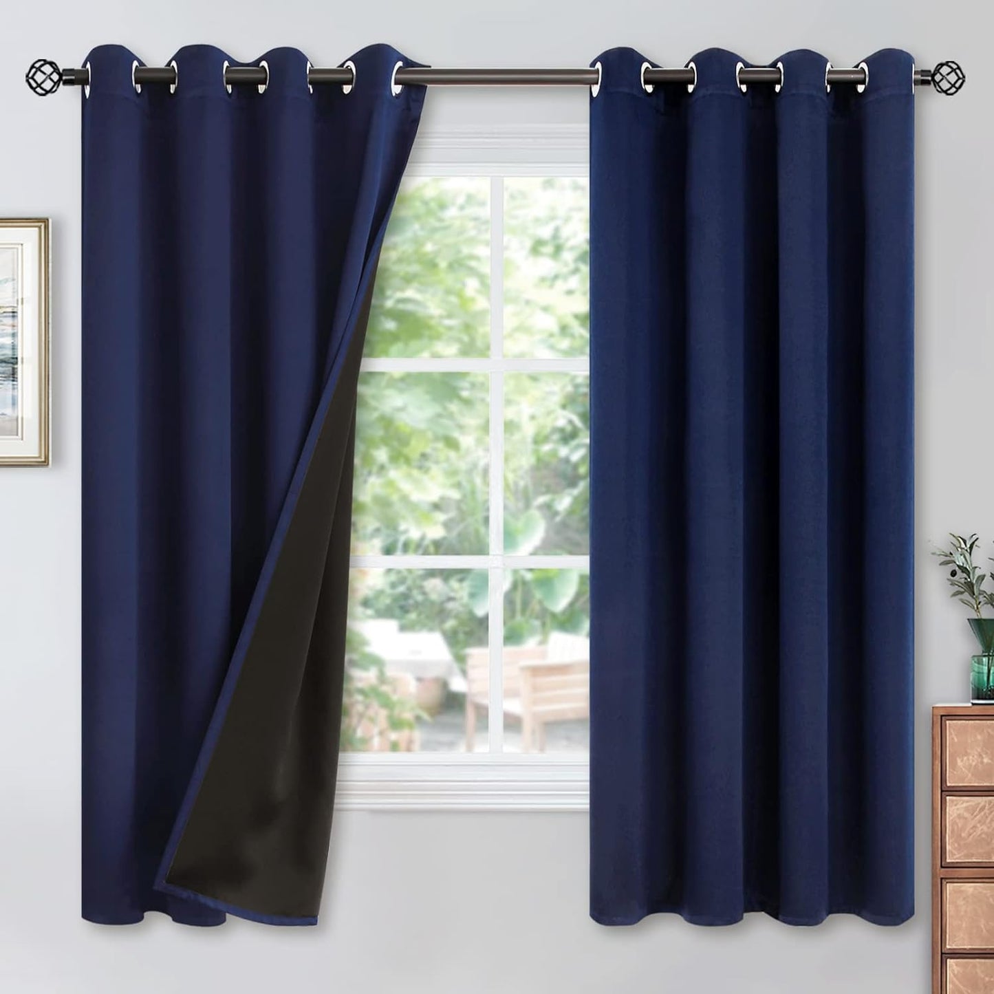 Youngstex Black 100% Blackout Curtains 63 Inches for Bedroom Thermal Insulated Total Room Darkening Curtains for Living Room Window with Black Back Grommet, 2 Panels, 42 X 63 Inch  YoungsTex Navy 52W X 63L 