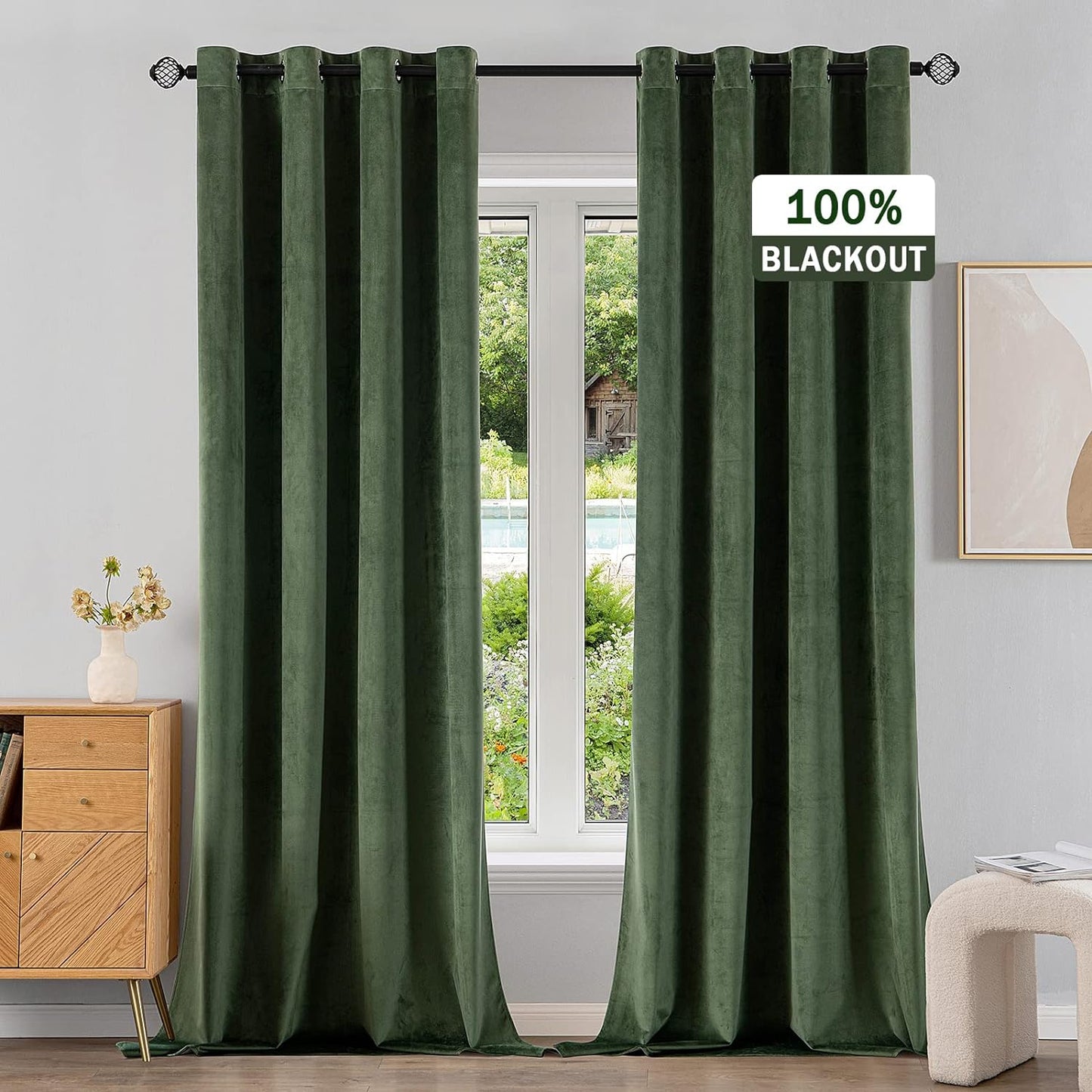EMEMA Olive Green Velvet Curtains 84 Inch Length 2 Panels Set, Room Darkening Luxury Curtains, Grommet Thermal Insulated Drapes, Window Curtains for Living Room, W52 X L84, Olive Green  EMEMA 100 Blackout/ Olive Green W52" X L96" 