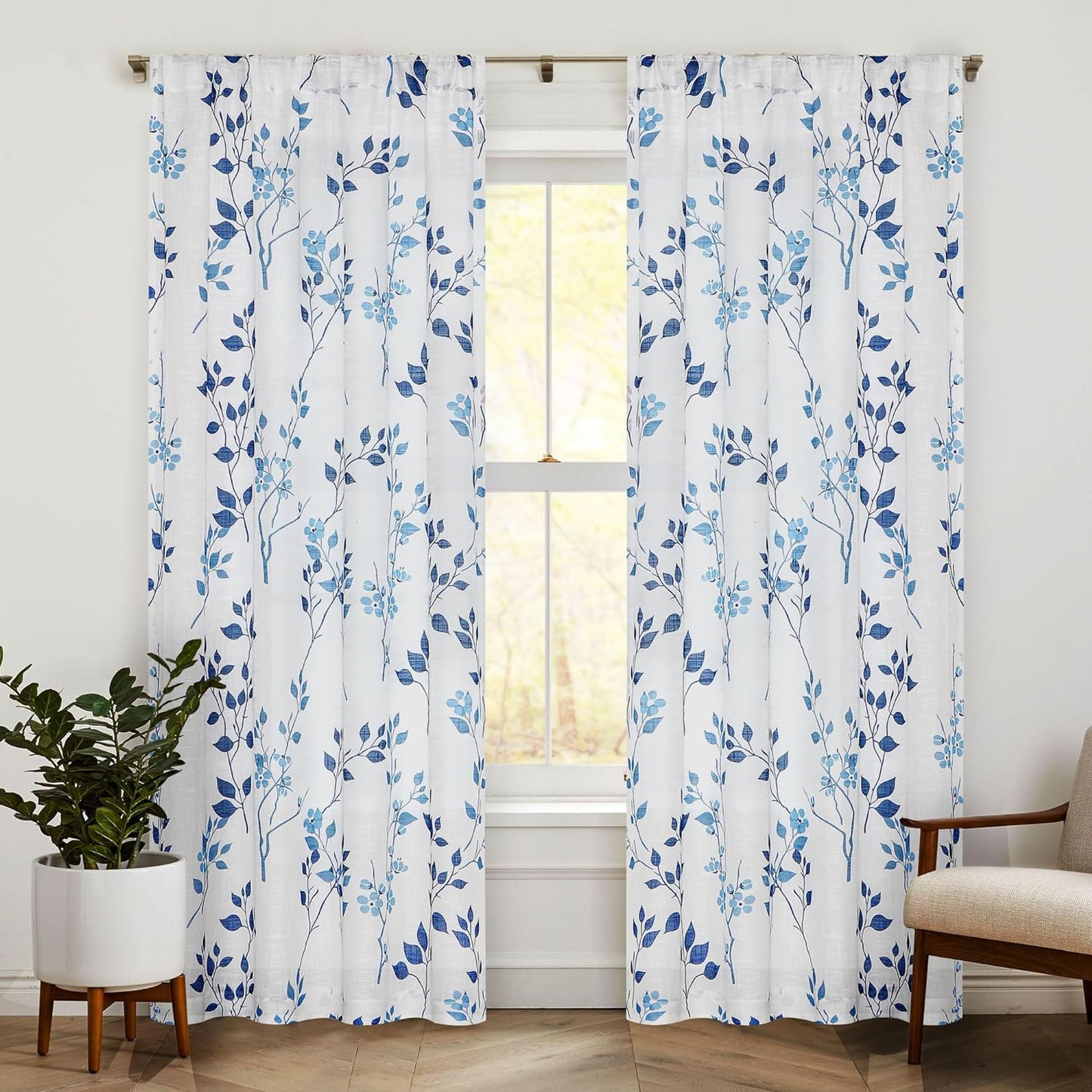 Beauoop Floral Semi Sheer Curtains 84 Inch Long for Living Room Bedroom Farmhouse Botanical Leaf Printed Rustic Linen Texture Panel Drapes Rod Pocket Window Treatment,2 Panels,50 Wide,Yellow/Gray  Beauoop Blue/Navy 50"X108"X2 