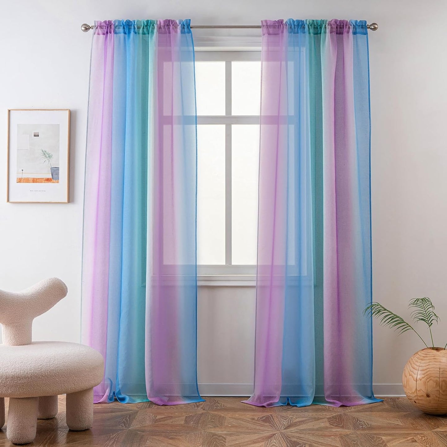 Yancorp 2 Panel Sets Semi Bedroom Curtains 63 Inch Length Sheer Rod Pocket Curtain Linen Teal Turquoise Purple Ombre Girls Living Room Mermaid Bedroom Nursery Kids Decor (Turquoise Purple, 40"X63")  Yancorp Purple Teal Blue 52"X84" 