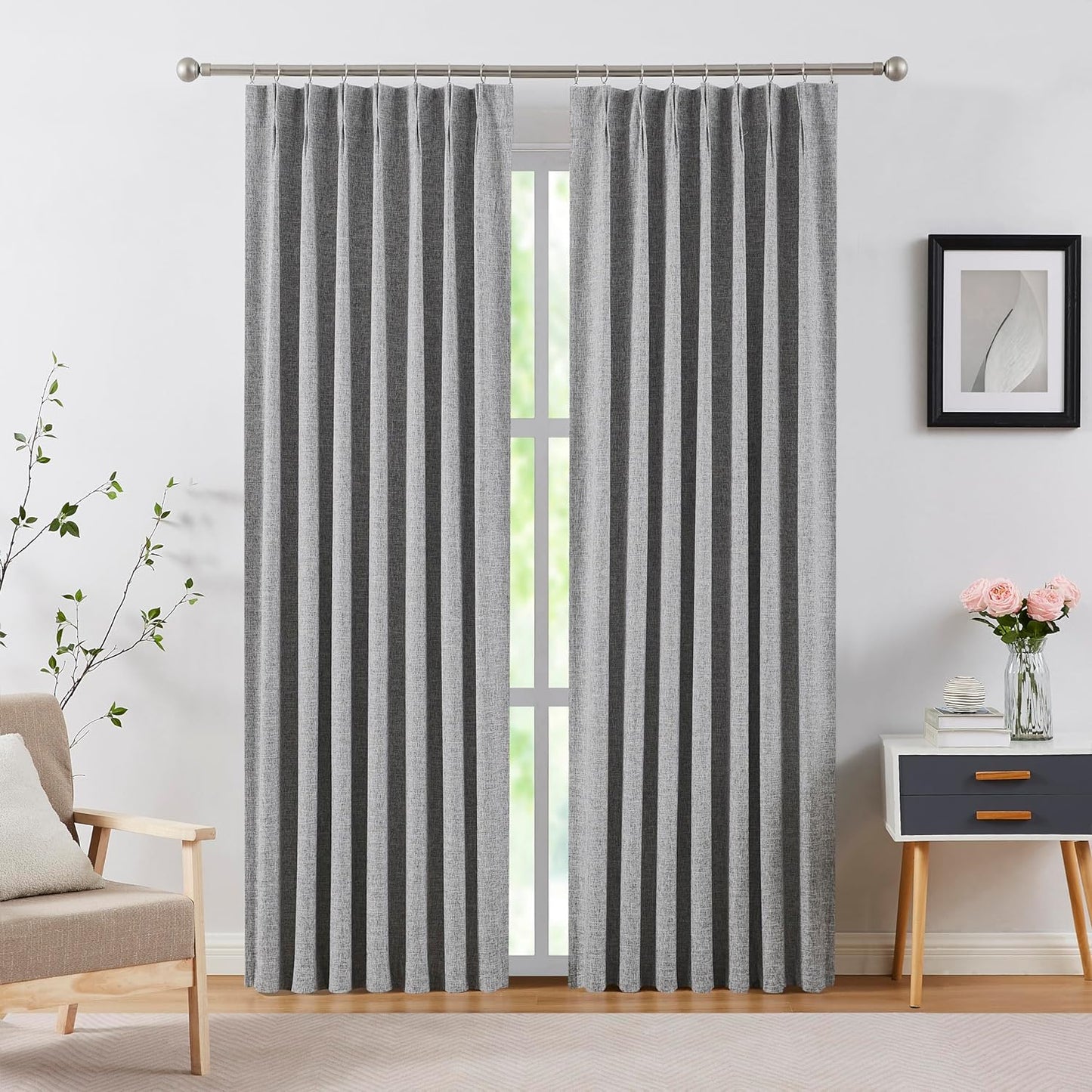 Kayne Studio Blended Linen Pinch Pleat Blackout Curtains 84 Inch Long for Living Room Bedroom,Thermal Insulated Window Treatments Pleated Drapes for Track with 9 Hooks,40"X84",Dark Linen,1 Panel  Kayne Studio Dark Grey 40"X84"X1 