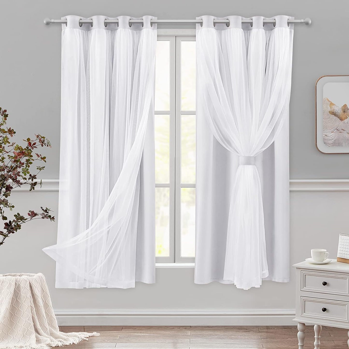 HOMEIDEAS Double Layer Curtains Light Grey Blackout Curtains 84 Inch Length 2 Panels Nursery Curtains for Girls Kids Bedroom Grommet Blackout Curtains with Sheer Overlay  HOMEIDEAS Greyish White 52" X 63" 