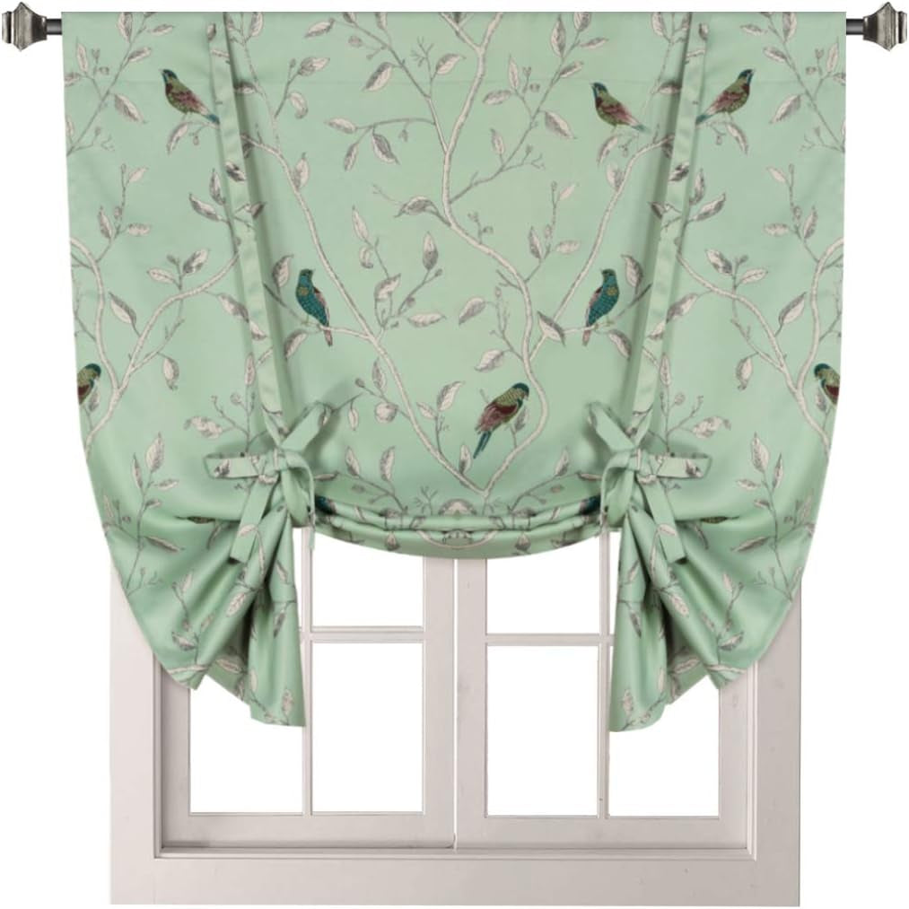 H.VERSAILTEX Thermal Insulated Blackout Curtain Adjustable Tie up Shade Rod Pocket Panel for Small Window-42 Wide by 63" Long-Vintage Floral Pattern in Sage and Brown  H.VERSAILTEX Birds In Sage  