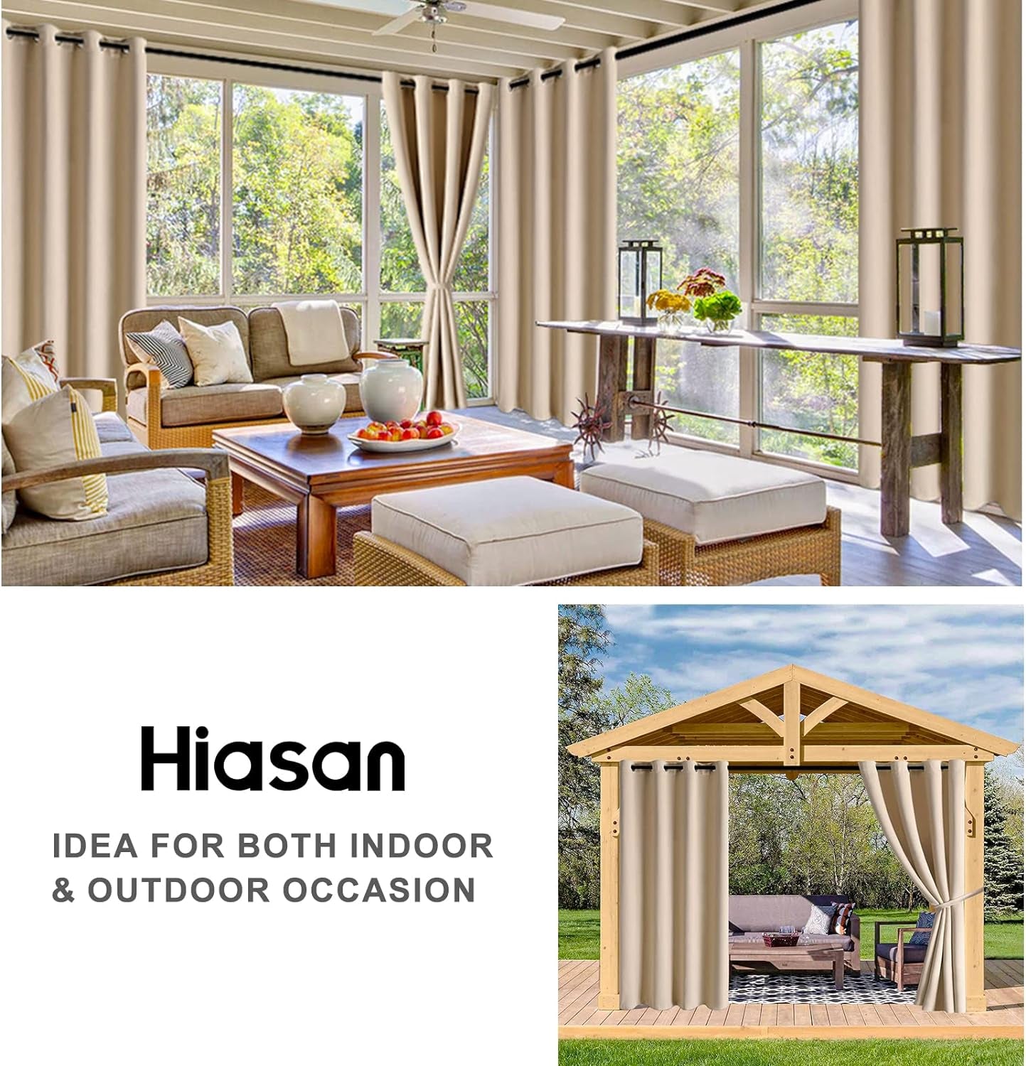 Hiasan Outdoor Curtains for Patio Waterproof - Sun Blocking Thermal Insulated Privacy Protection Grommet Beige Blackout Curtains 84 Inches Long for Porch Hut Garden Pergola Cabana Gazebo, 2 Panels  Hiasan   