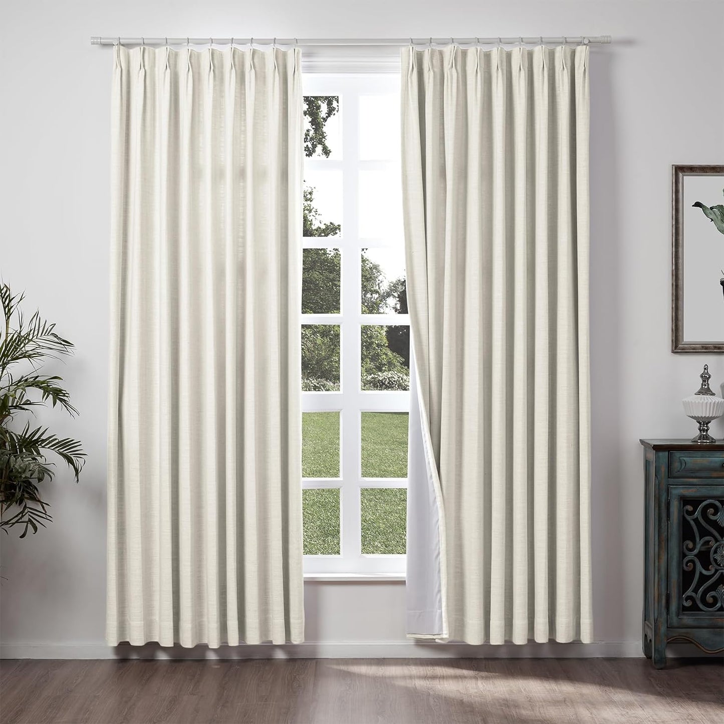 Chadmade 50" W X 63" L Polyester Linen Drape with Blackout Lining Pinch Pleat Curtain for Sliding Door Patio Door Living Room Bedroom, (1 Panel) Sand Beige Tallis Collection  ChadMade Ivory White (2) 72Wx84L 