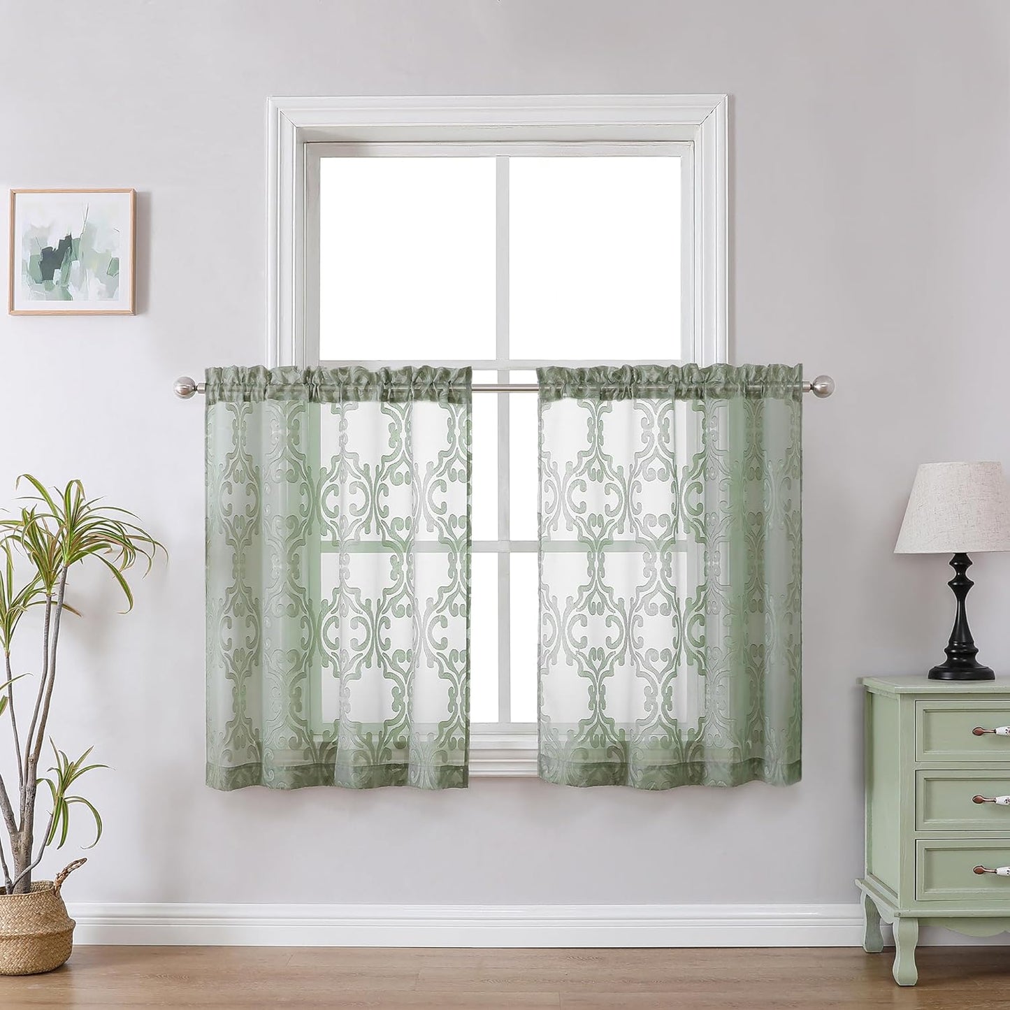 Aiyufeng Suri 2 Panels Sheer Sage Green Curtains 63 Inches Long, Light & Airy Privacy Textured Sheer Drapes, Dual Rod Pocket Voile Clipped Floral Luxury Panels for Bedroom Living Room, 42 X 63 Inch  Aiyufeng Sage Green 2X42X36" 