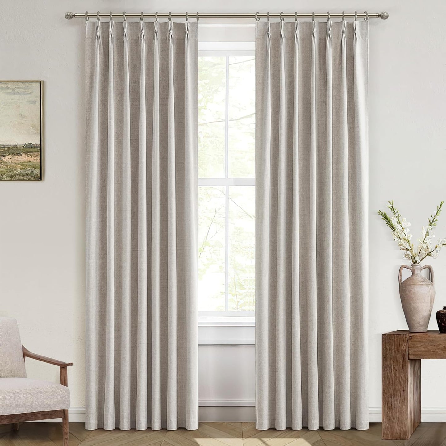Natural Linen Pinch Pleated Blackout Curtains & Drapes 96 Inch Long Bedroom/Livingroom Farmhouse Curtains 2 Panel Sets, Neutral Track Room Darkening Thermal Insulated 8Ft Back Tab Window Curtain  QJmydeco Natural Linen 40"W X 84"L X 2 Panels 