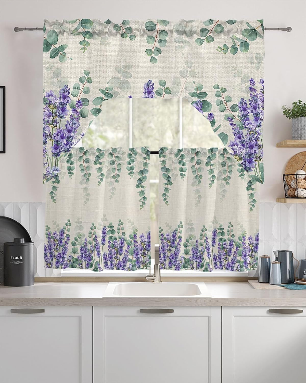 Lavender Eucalyptus Swag Valance Kitchen Curtains, Rod Pocket Valance Curtain Panels for Bedroom Living Room Bathroom Cafe Windows, Purple Green Farmhouse Plant Leaf 56''X36''
