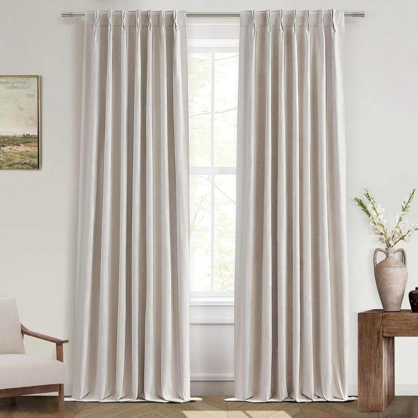 Natural Linen Pinch Pleated Blackout Curtains & Drapes 96 Inch Long Bedroom/Livingroom Farmhouse Curtains 2 Panel Sets, Neutral Track Room Darkening Thermal Insulated 8Ft Back Tab Window Curtain  QJmydeco Natural Linen 40"W X 105"L X 2 Panels 