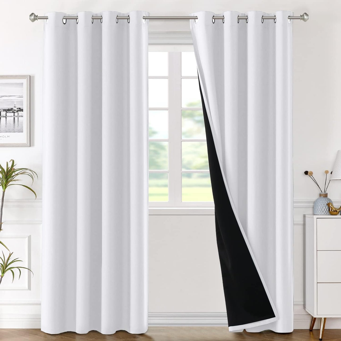 H.VERSAILTEX Blackout Curtains with Liner Backing, Thermal Insulated Curtains for Living Room, Noise Reducing Drapes, White, 52 Inches Wide X 96 Inches Long per Panel, Set of 2 Panels  H.VERSAILTEX Pearl White 52"W X 96"L 