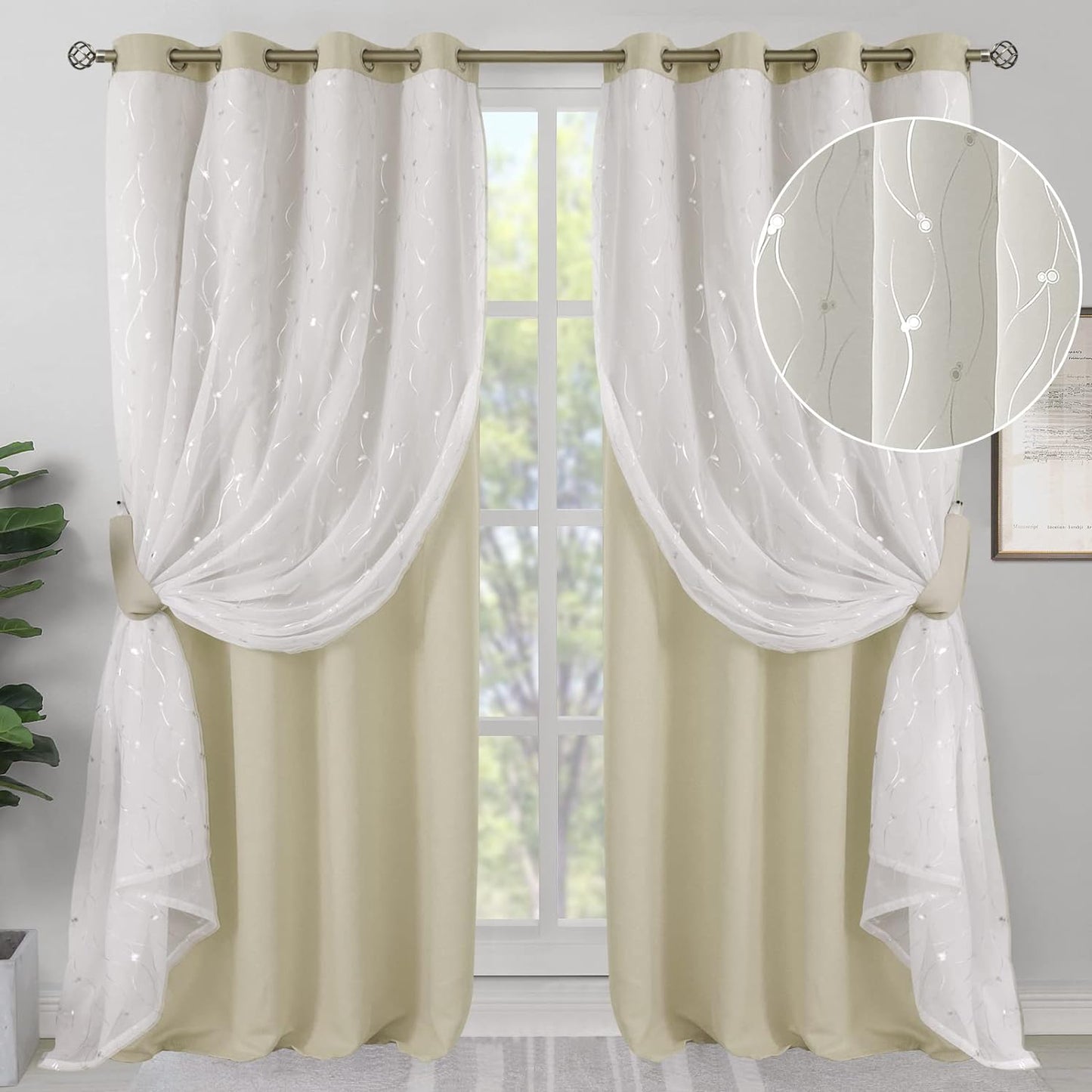 Bgment Grey Blackout Curtains with Sheer Overlay 84 Inches Long，Double Layer Silver Printed Kids Curtains Grommet Thermal Insulated Window Drapes for Living Room, 2 Panel, 52 X 84, Dark Grey  BGment Beige 52W X 95L 